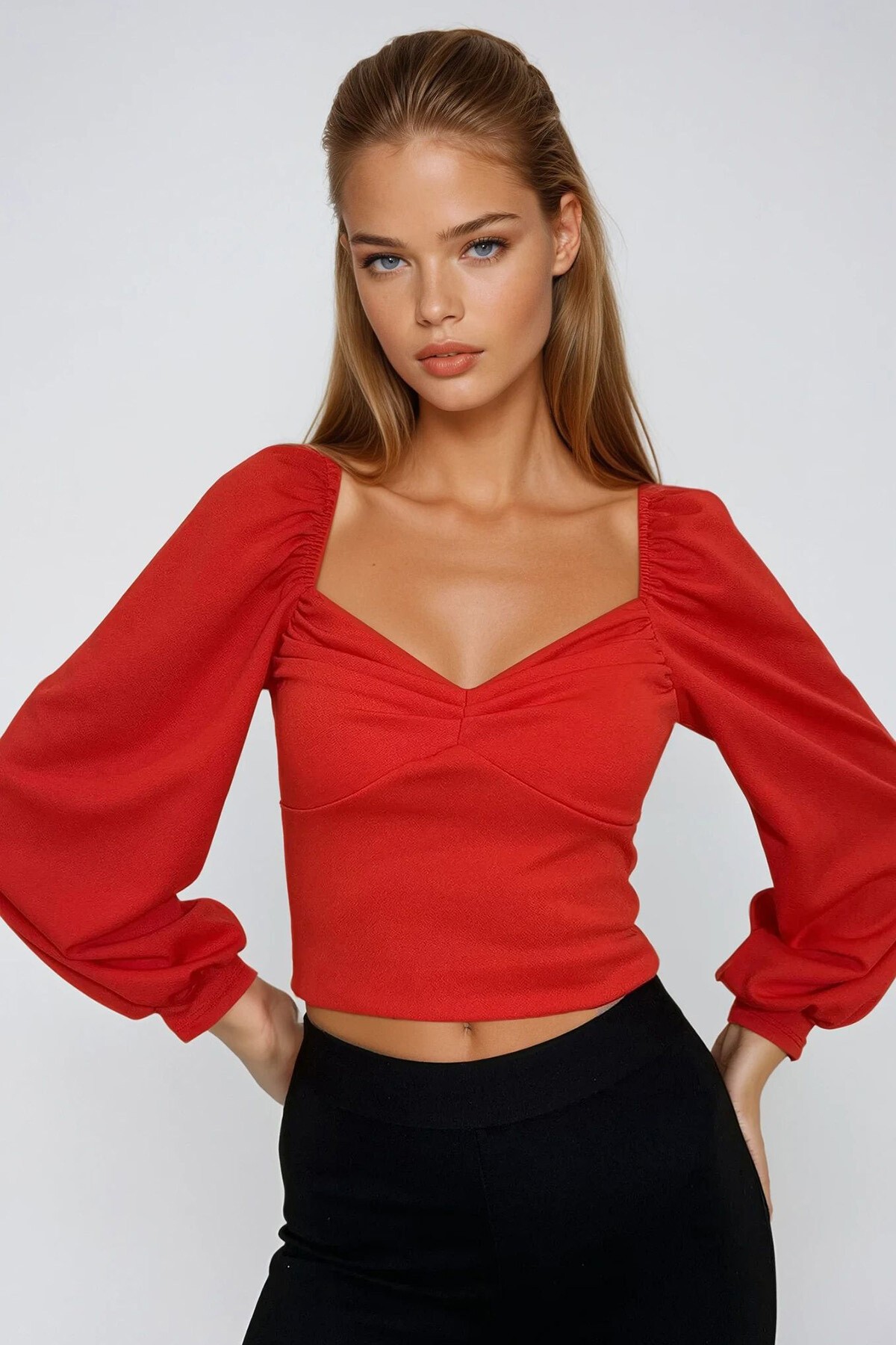 Kırmızı Öpücük Yaka Prenses Kol Drapeli Örme Bluz