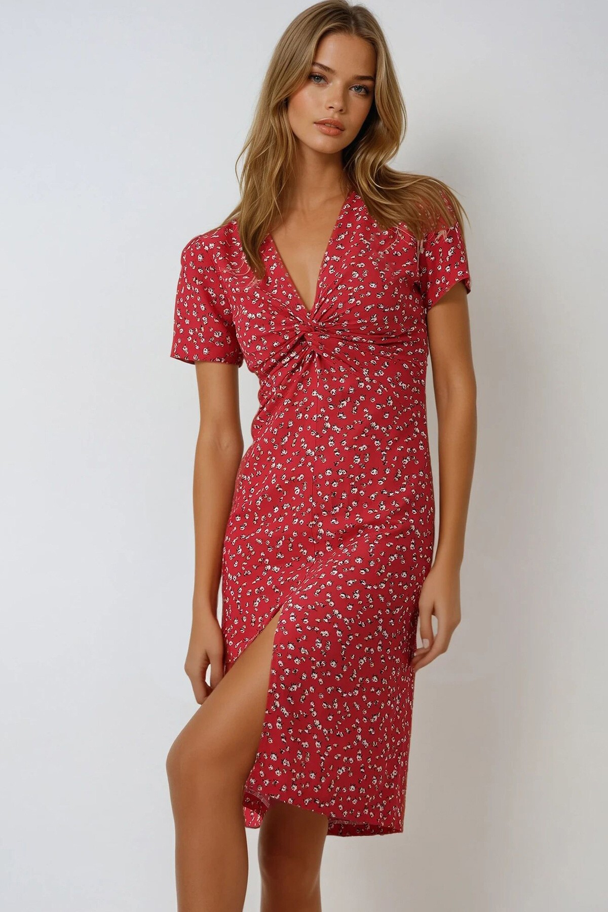 Kırmızı V Yaka Önü Düğümlü Çiçek Desenli Dokuma Elbise