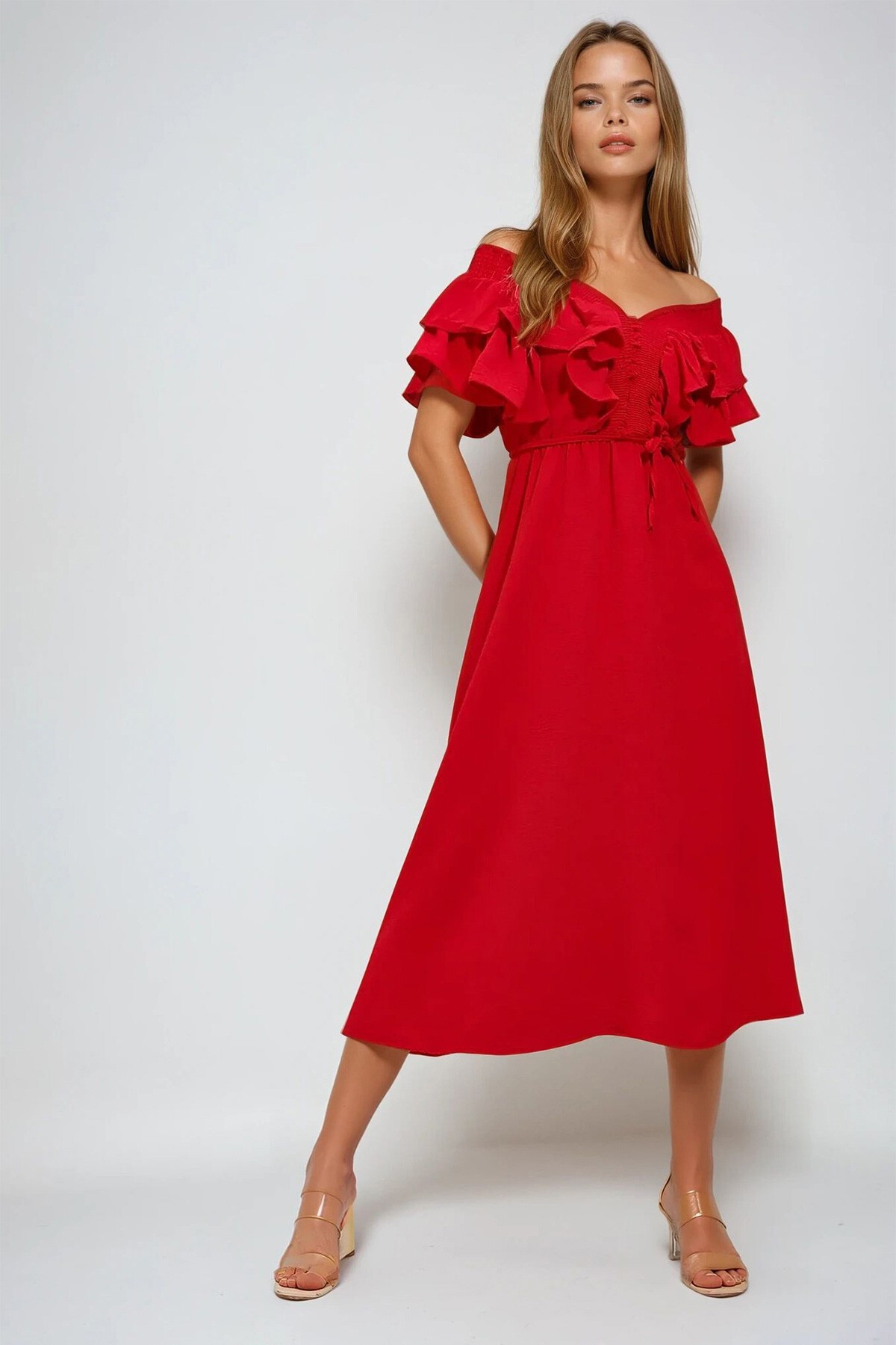 Kırmızı Yakası Gipeli Ve Volanlı Beli Midiboy Dokuma Elbise
