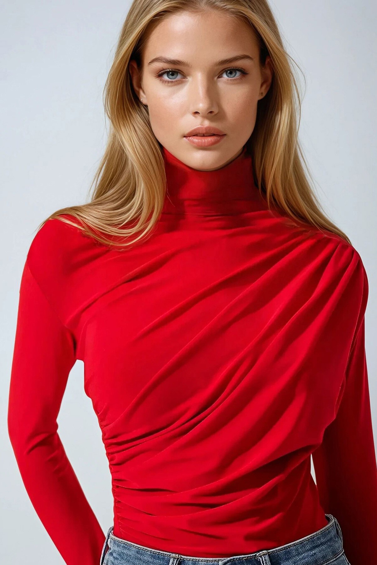 Kırmızı Yarım Balıkçı Drape Detaylı Sandy Bluz