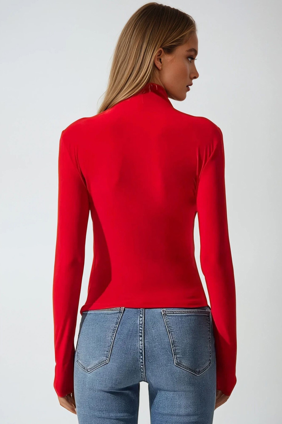 Kırmızı Yarım Balıkçı Drape Detaylı Sandy Bluz