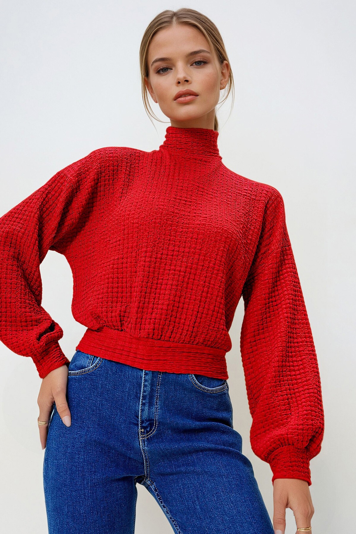 Kırmızı Yarım Balıkçı Yaka Bürümcük Crop Bluz