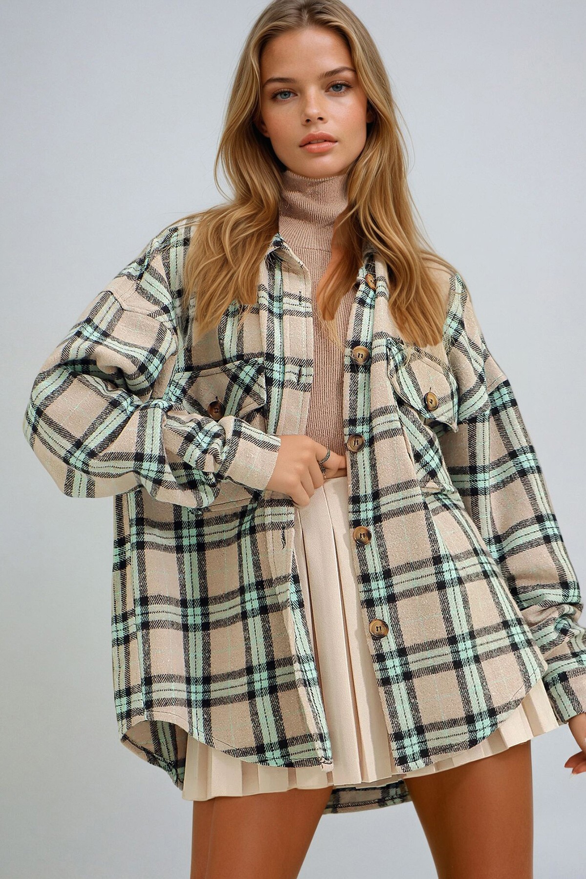 Koyu Bej Ekose Desenli Kaşe Pamuklu Oversize Ceket Gömlek