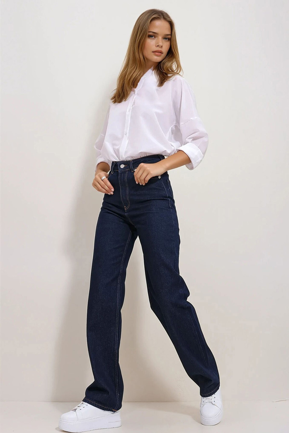 Koyu Lacivert Yüksek Bel 5 Cepli Wide Leg Palazzo Pantolon