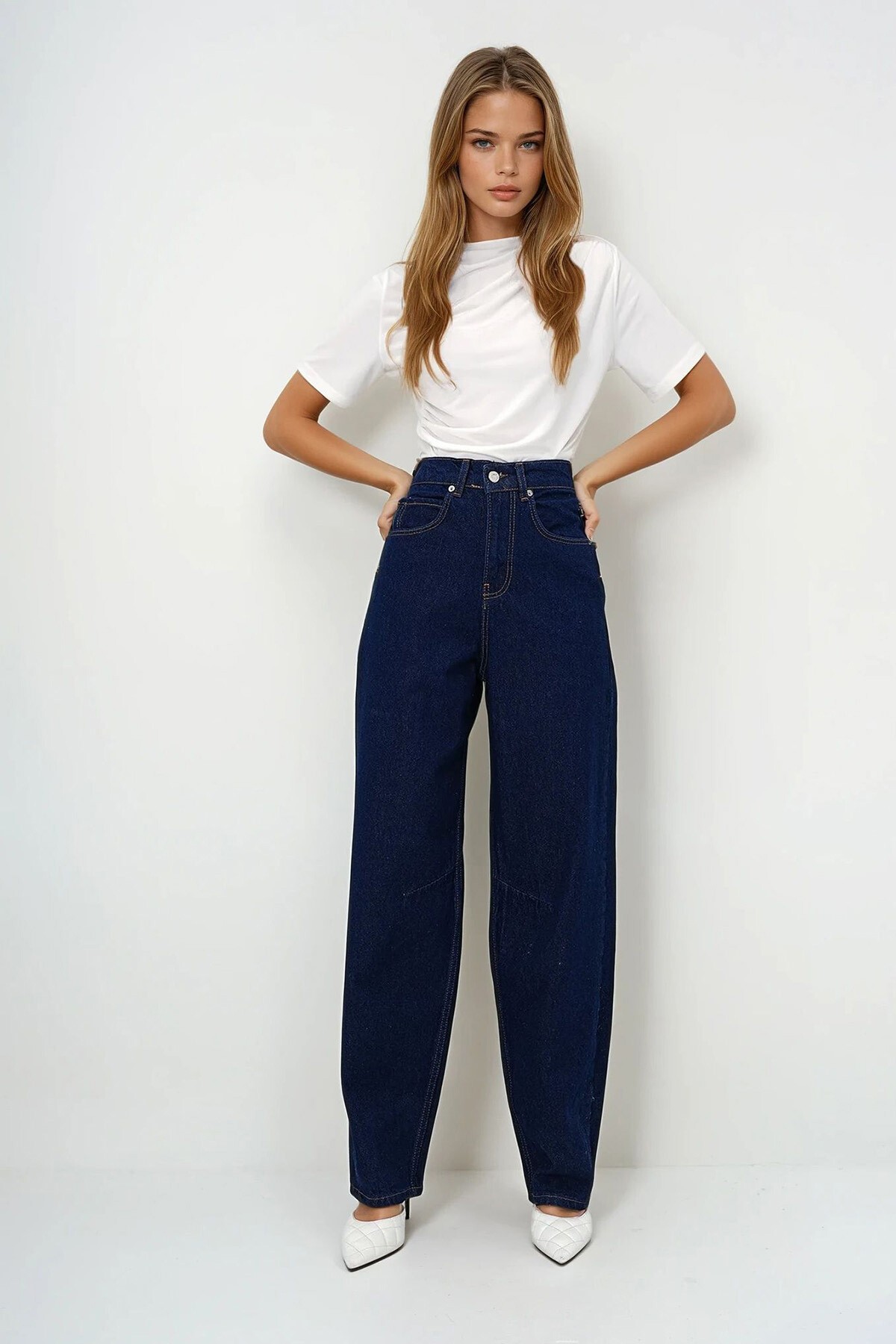 Koyu Lacivert Yüksek Bel Baggy Balloon Jean
