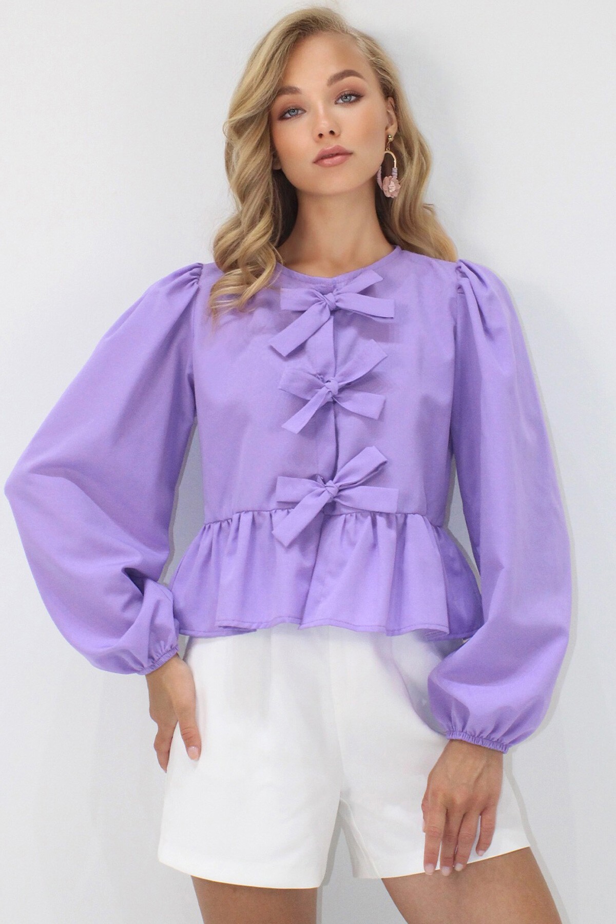Koyu Lila Bisiklet Yaka Fiyonk Bağlamalı Prenses Kol Poplin Bluz
