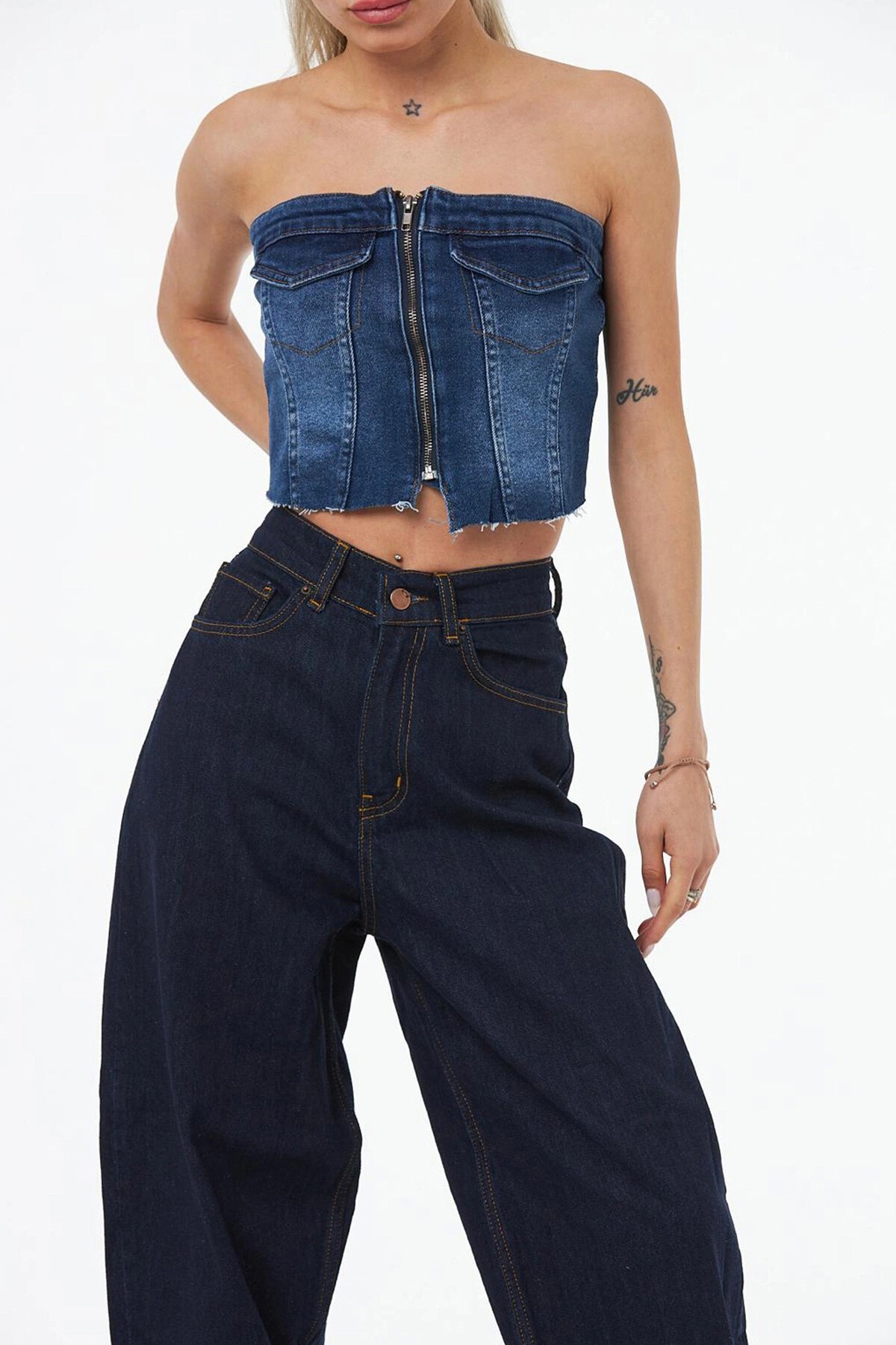 Koyu Mavi Fermuarlı Straplez Gipeli Denim Büstiyer