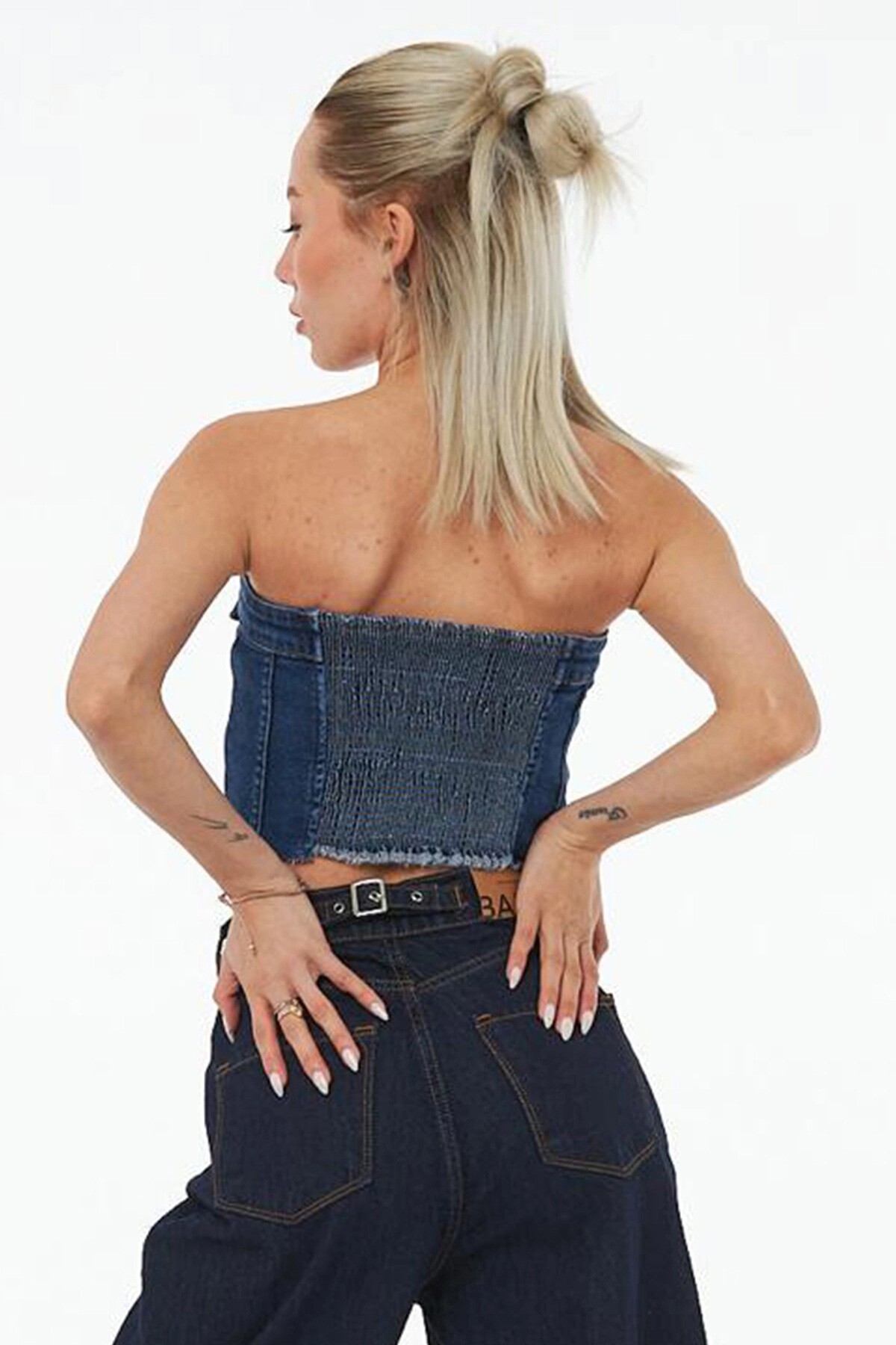 Koyu Mavi Fermuarlı Straplez Gipeli Denim Büstiyer