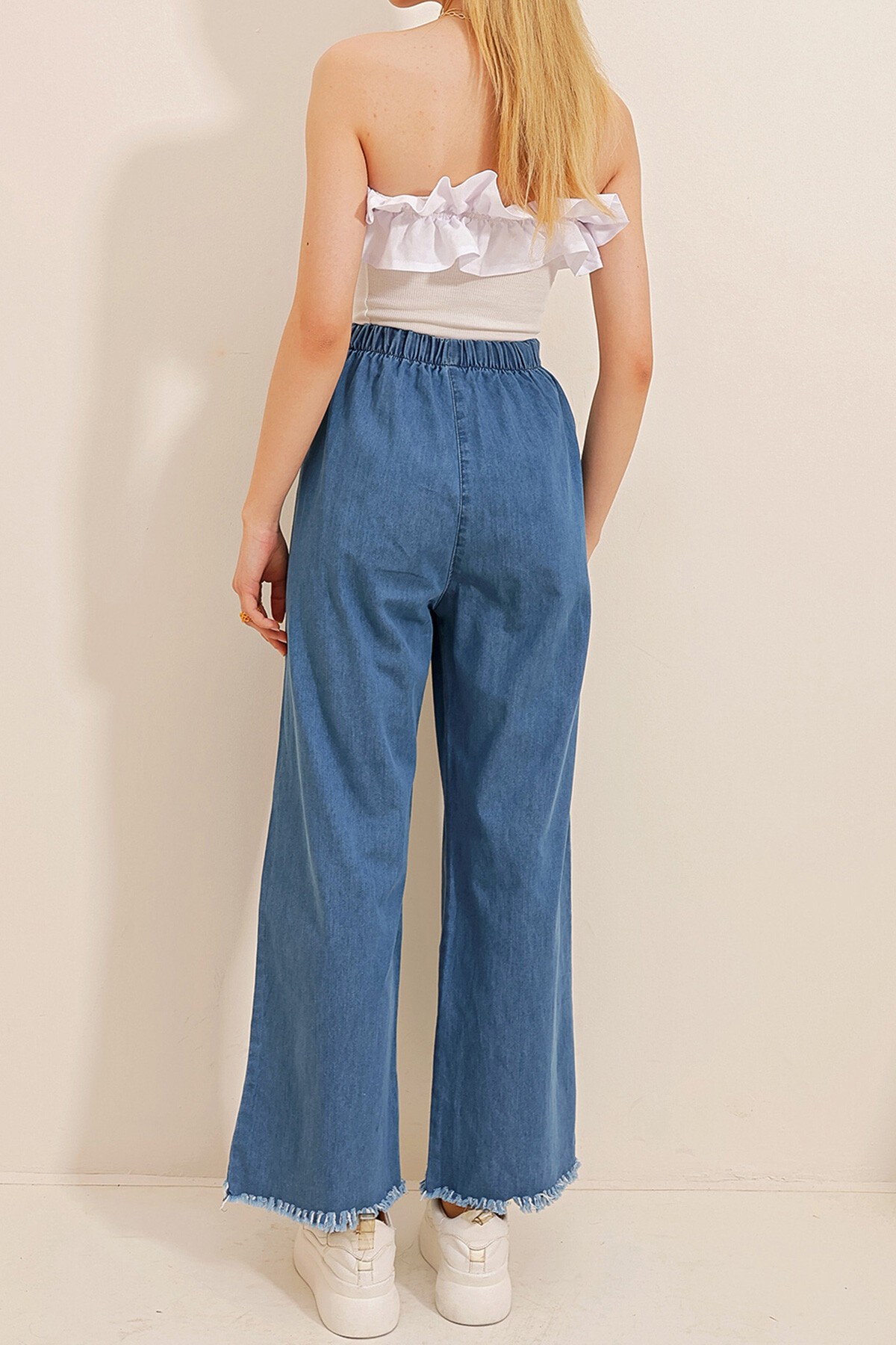 Koyu Mavi Paçası Püsküllü Yüksek Bel Palazzo Jean Pantolon