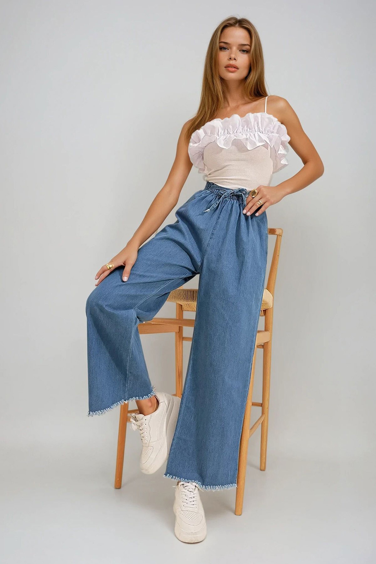 Koyu Mavi Paçası Püsküllü Yüksek Bel Palazzo Jean Pantolon