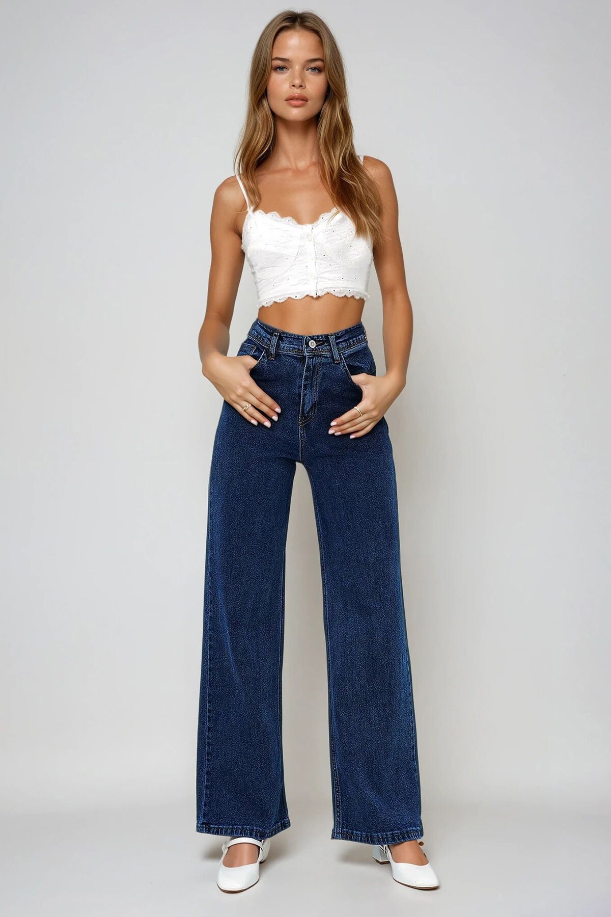 Koyu Mavi Yüksek Bel Geniş Paça Palazzo Jean Pantolon