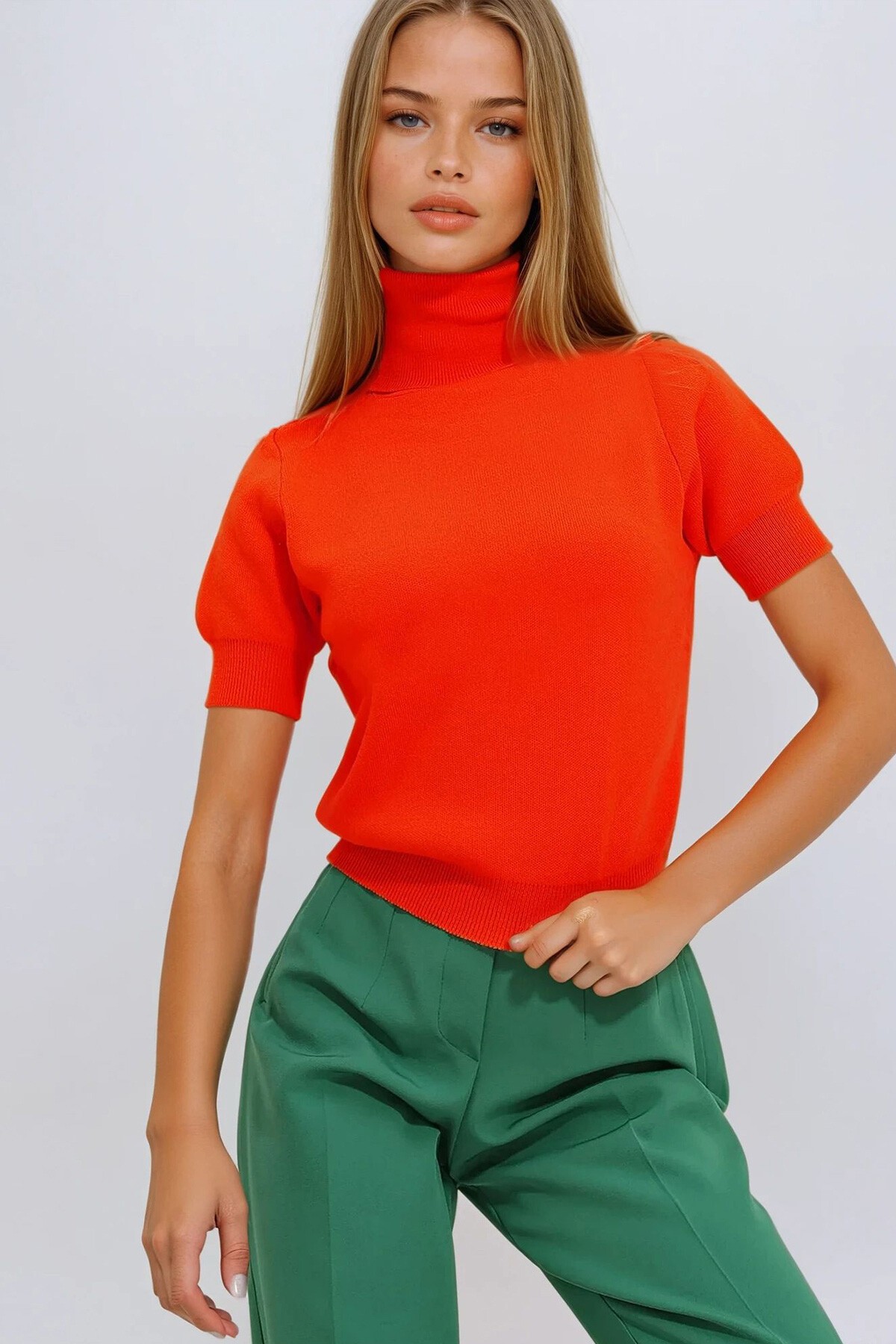 Koyu Turuncu Balıkçı Yaka Kısa Kol Basic Triko Kazak