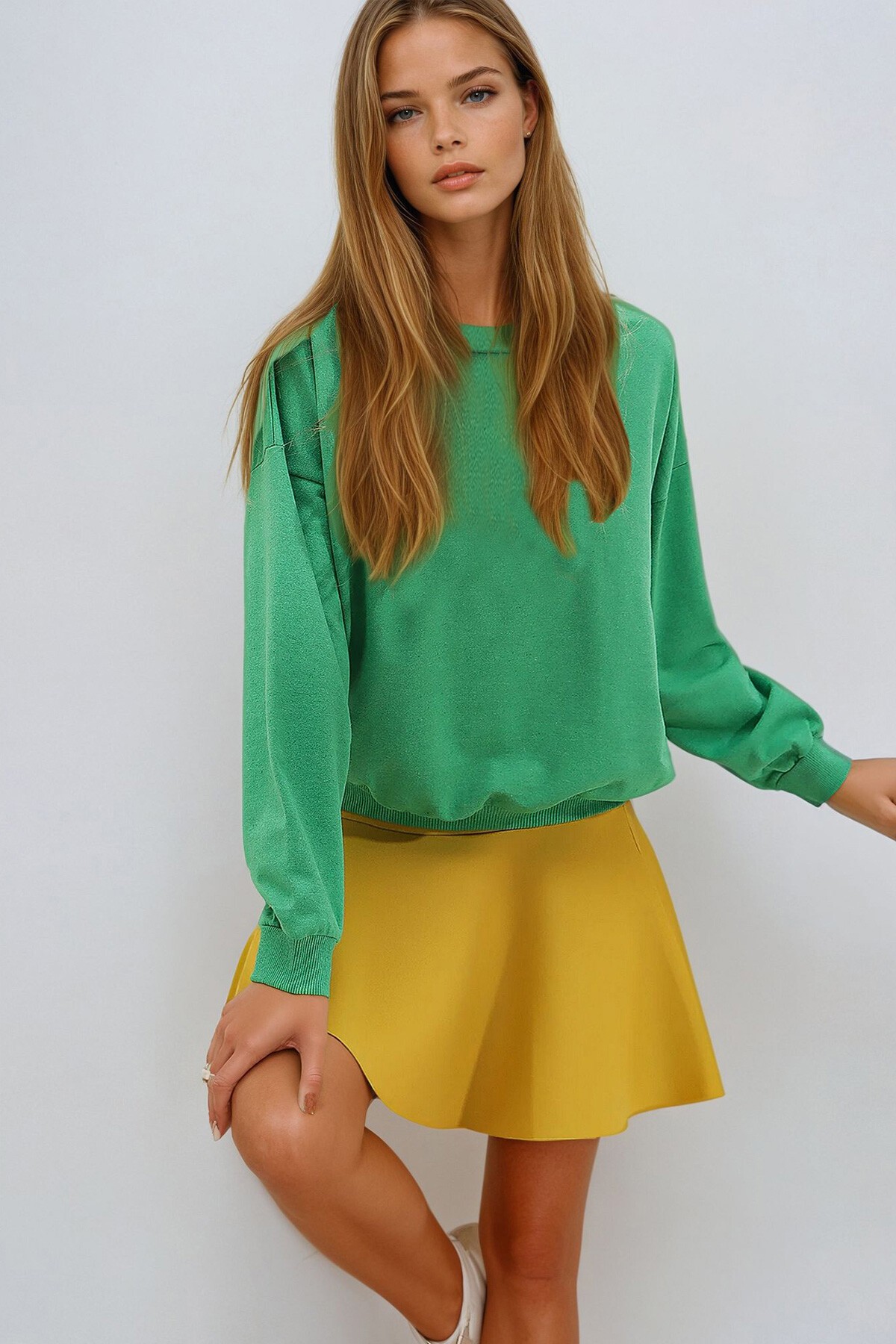 Koyu Yeşil Bisiklet Yaka Oversize Basic Sweatshirt