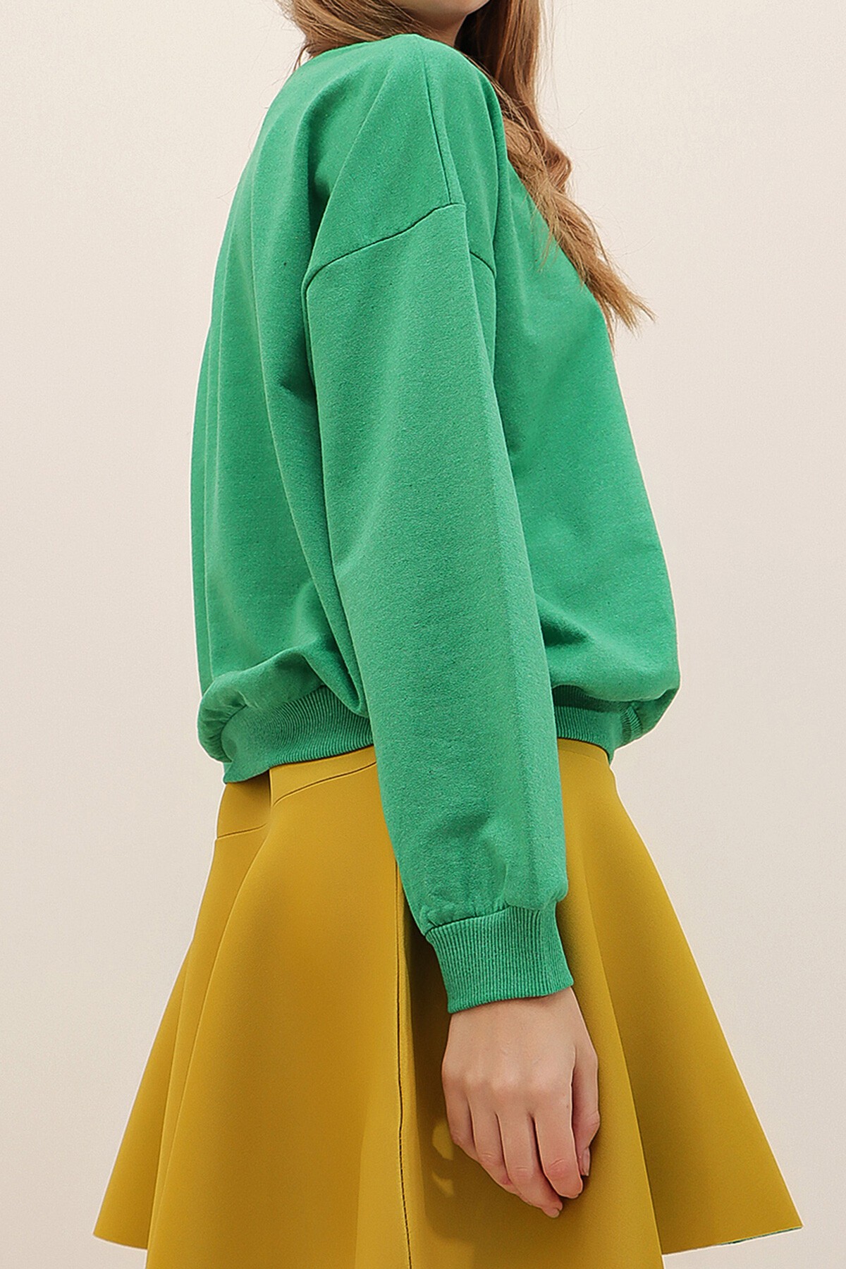 Koyu Yeşil Bisiklet Yaka Oversize Basic Sweatshirt