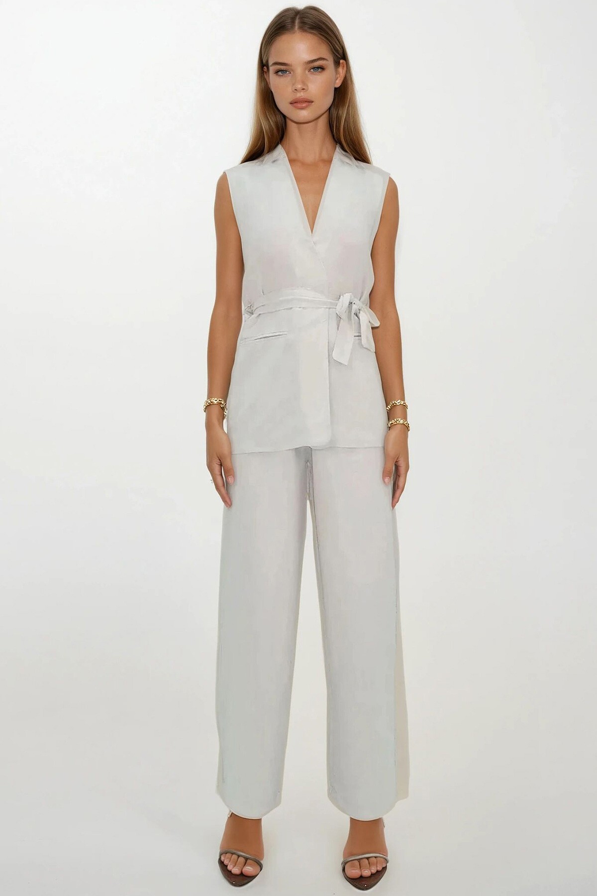 Krem Çift Cepli Bağlamalı Keten Pantolon Yelek Takım