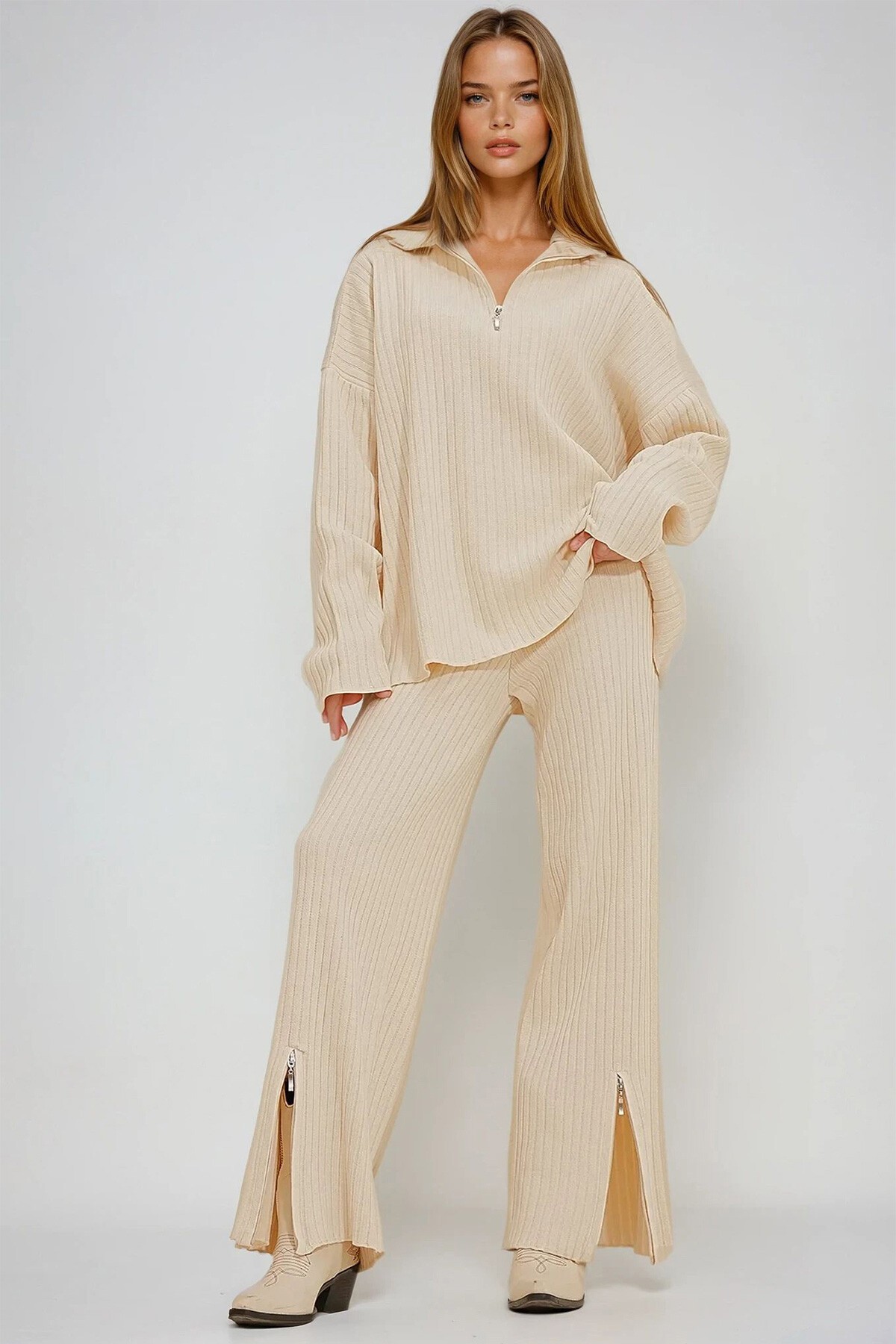 Krem Fermuar Detaylı Kazak Ve Pantolon Triko İkili Takım