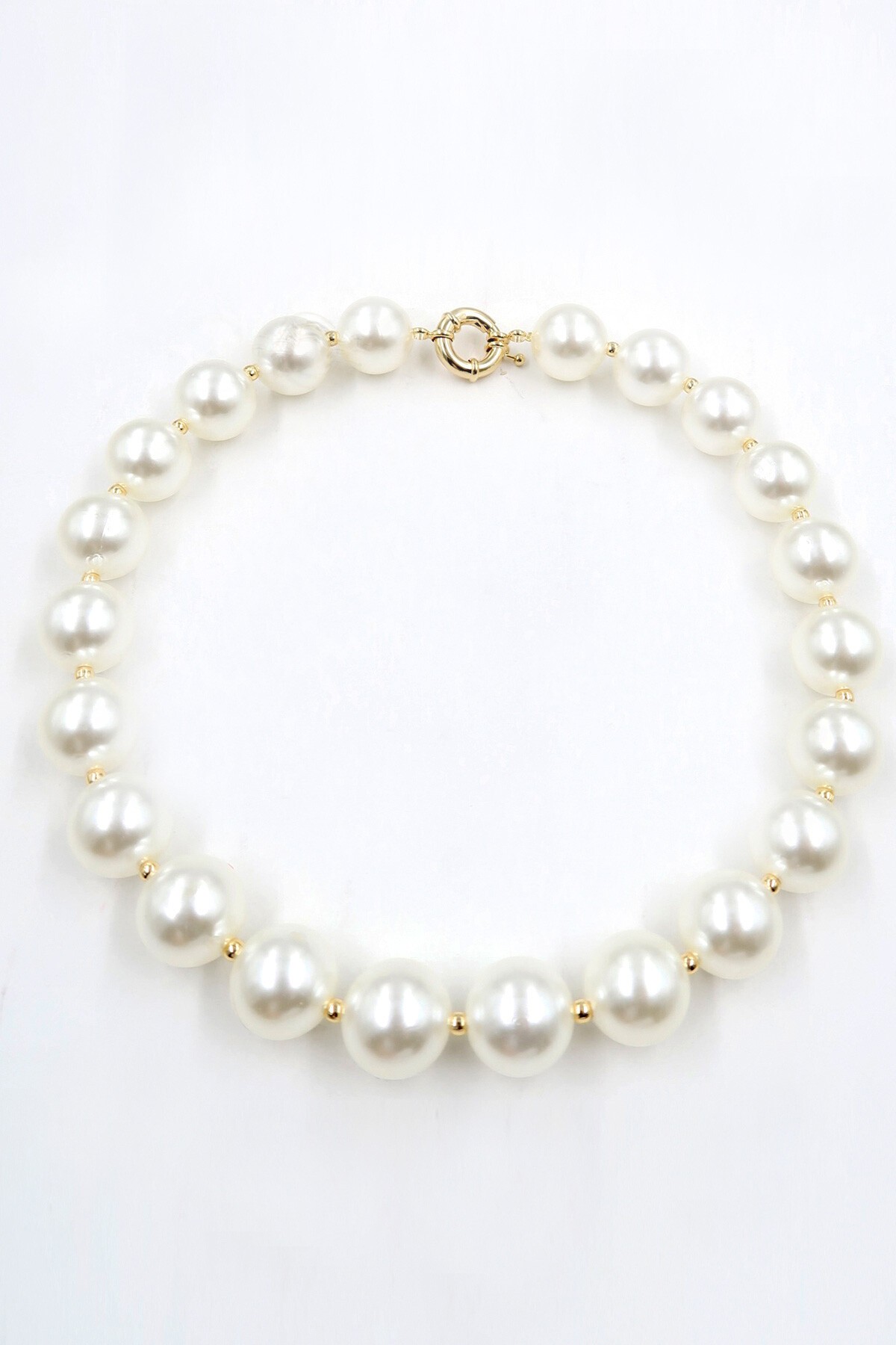 Krem Gold Biyeli Büyük Boncuklu Tasarım İnci Kolye