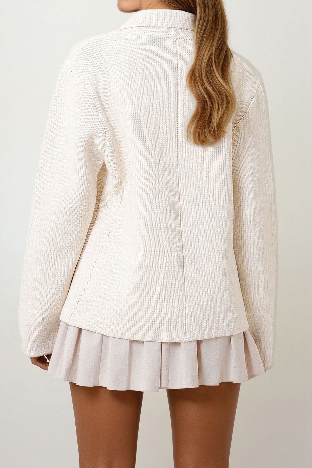 Krem İnci Düğmeli Dikiş Detaylı Dokuma Triko Ceket