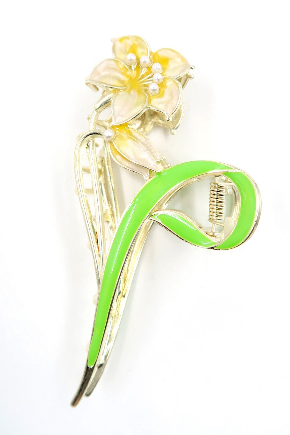 Krem Kabartmalı Mineli Çiçek Motifli Mini İncili Saç Tokası