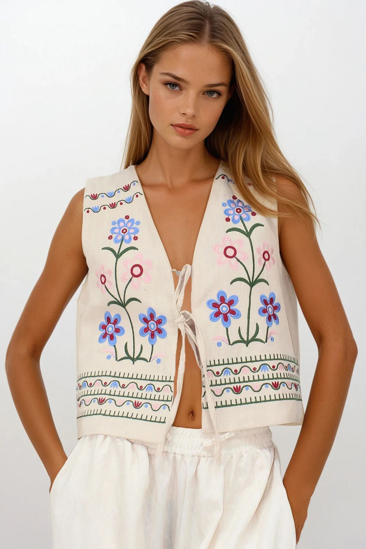 Krem Nakışlı Bağcık Detaylı Tasarım Ham Keten Yelek