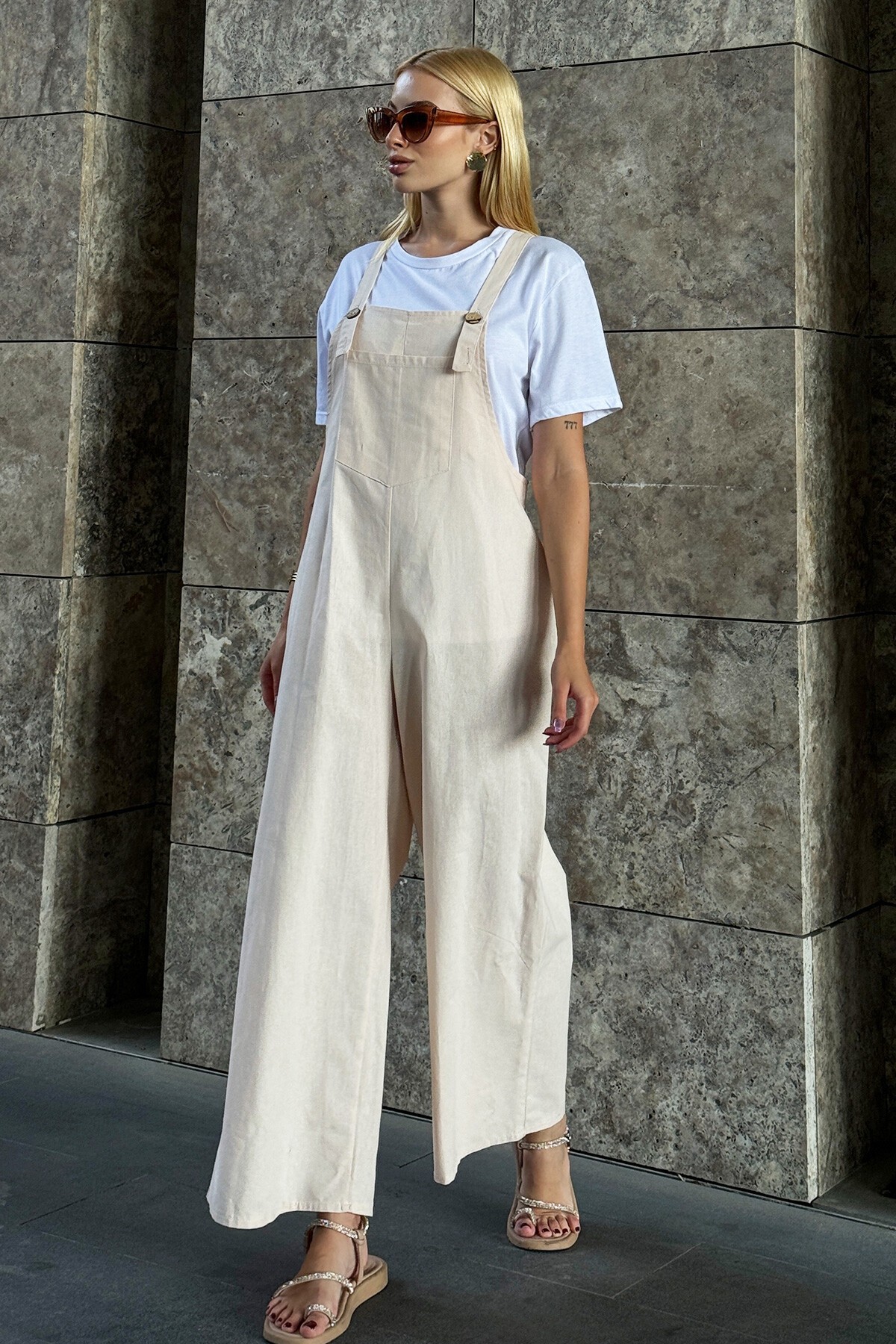 Krem Önü Cepli Askılı Gabardin Bahçıvan Tulum