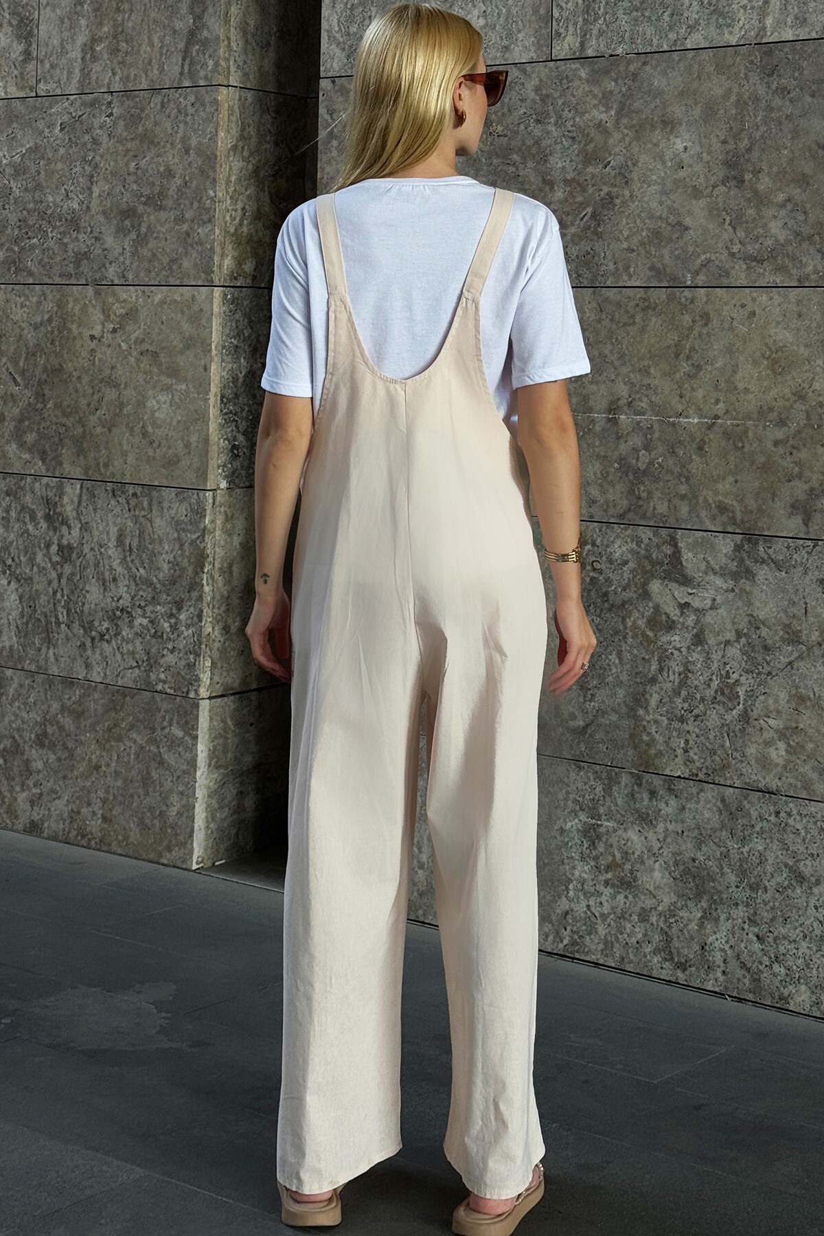 Krem Önü Cepli Askılı Gabardin Bahçıvan Tulum