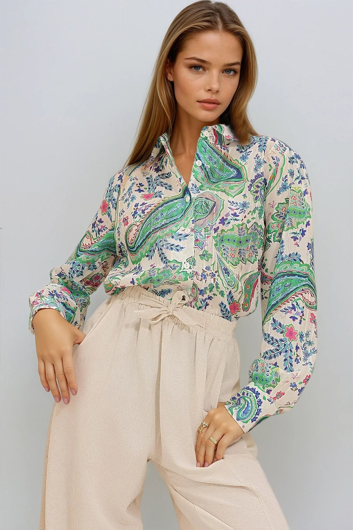 Krem Şal Desenli Oversize Gömlek