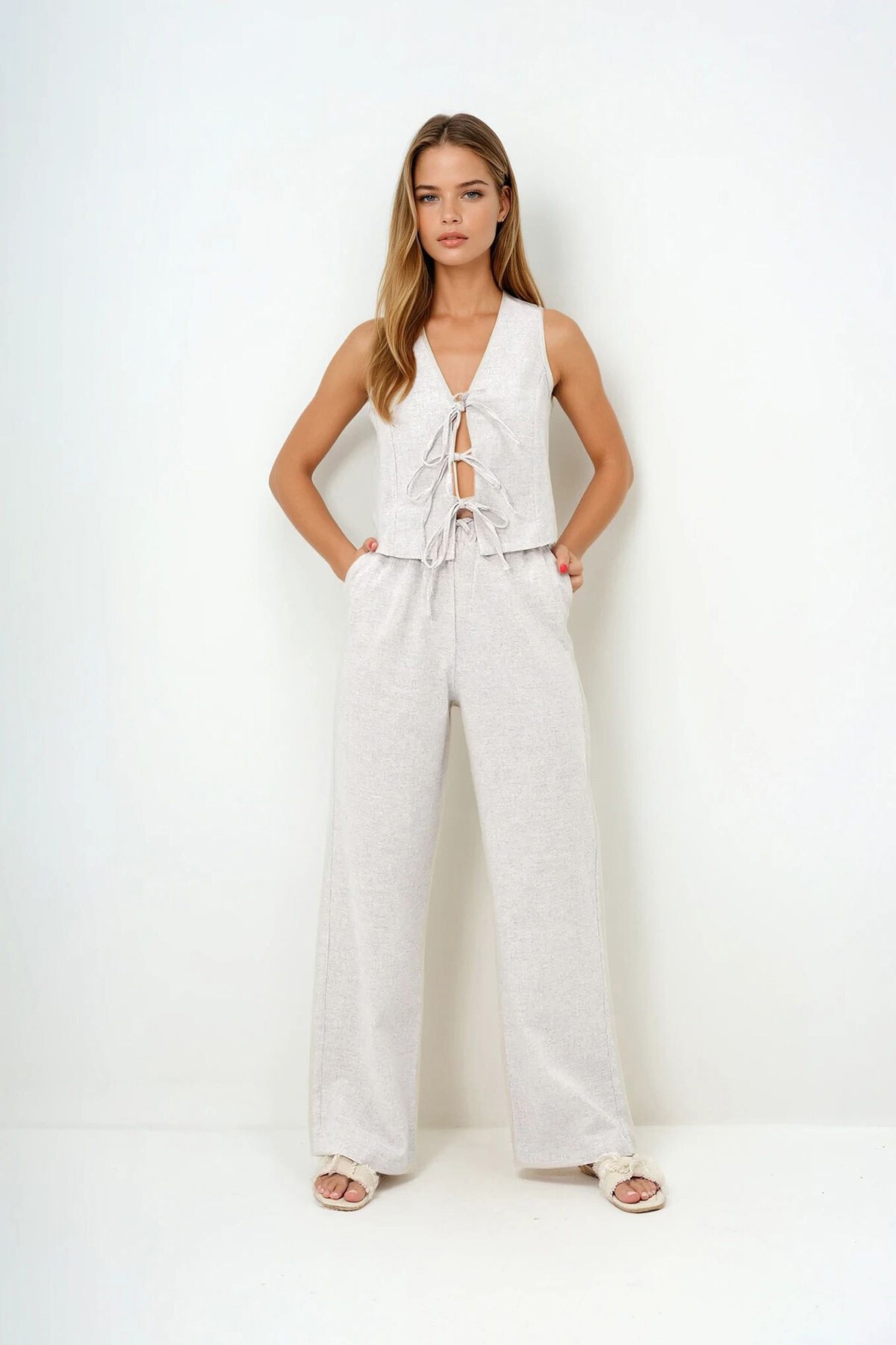 Krem Yelek Ve Pantolon Keten Takım