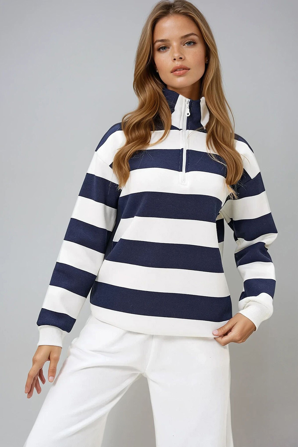 Lacivert Balıkçı Yaka Önü Fermuarlı Çizgili Üç İplik İçi Şardonlu Kışlık Sweatshırt