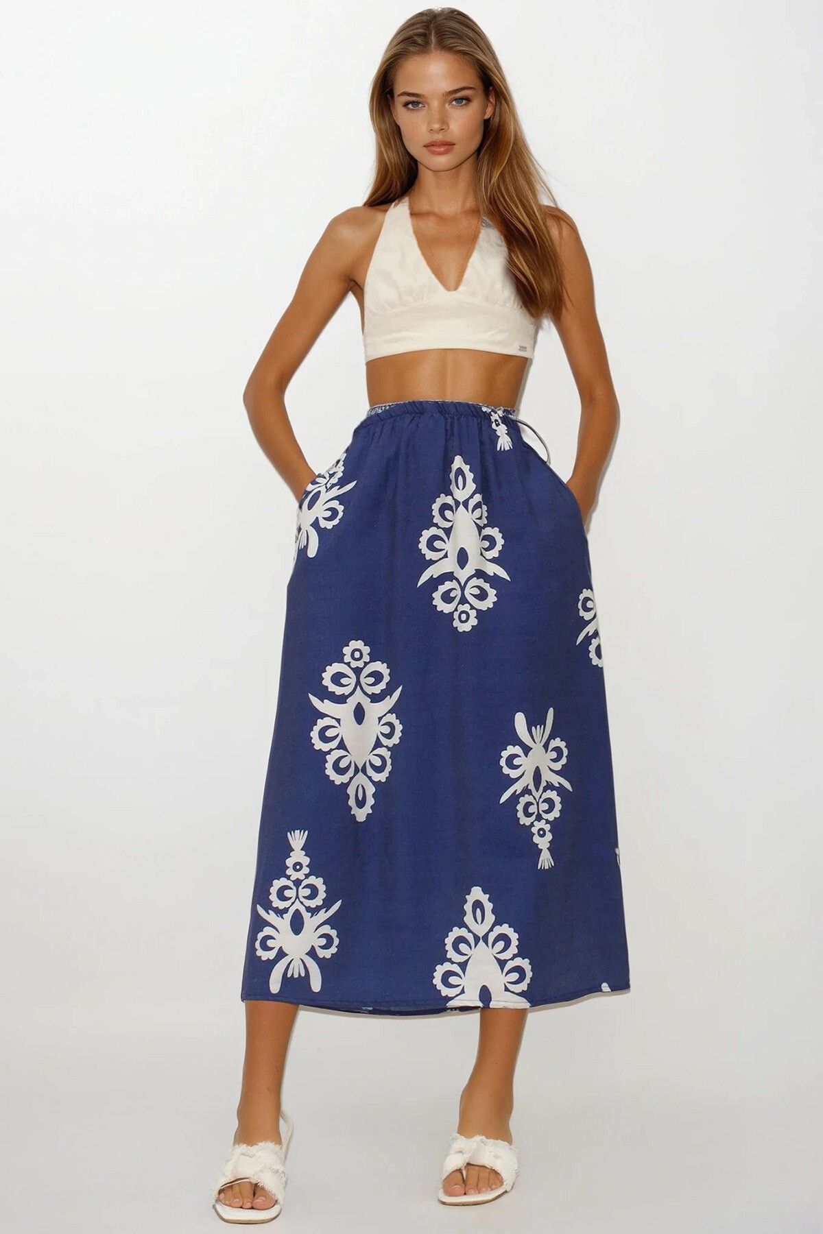 Lacivert Beli Lastikli Çift Cepli Desenli Maxi Boy Etek