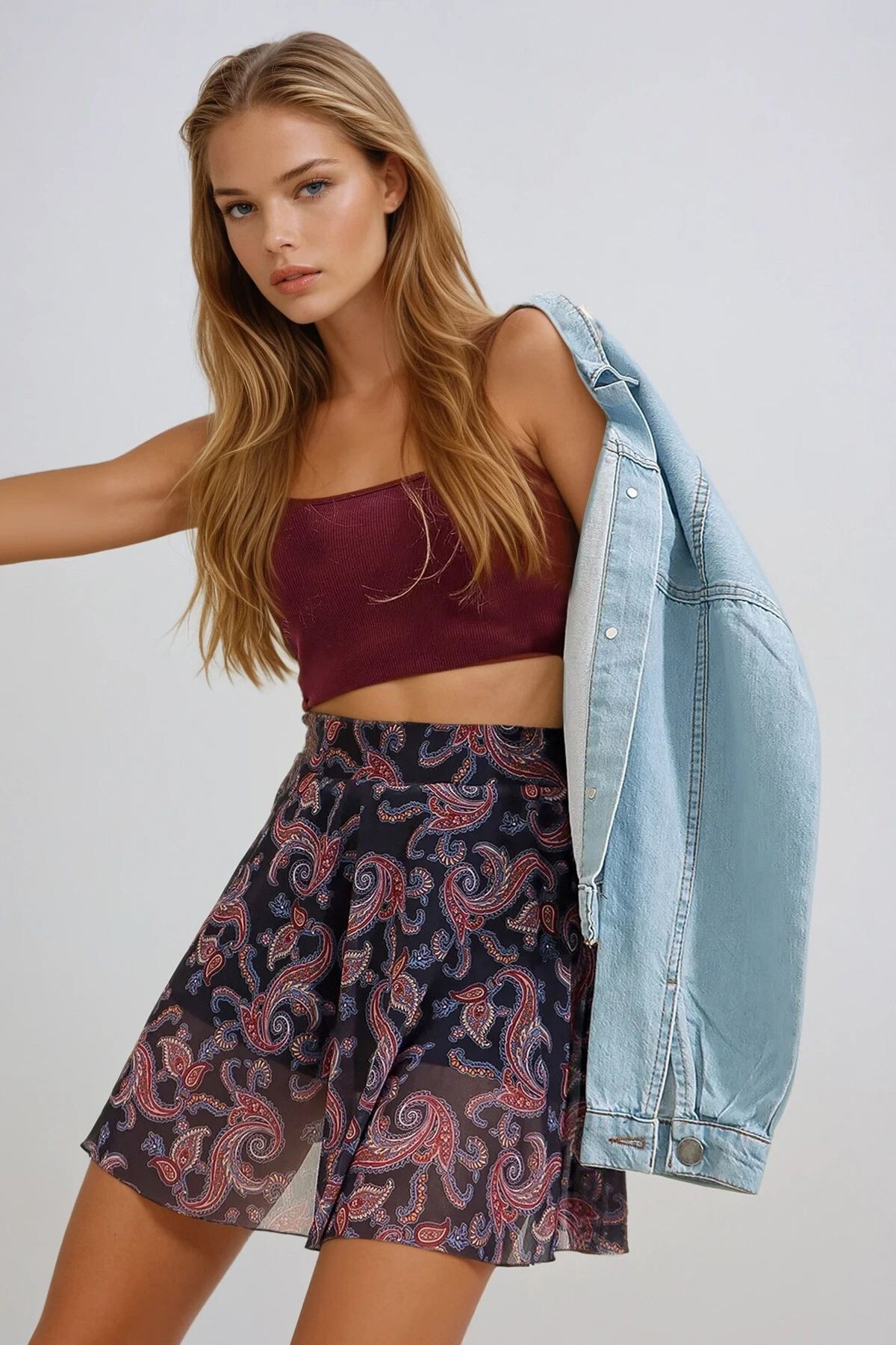 Lacivert Beli Lastikli Desenli İçi Şort Astarlı Tül Etek