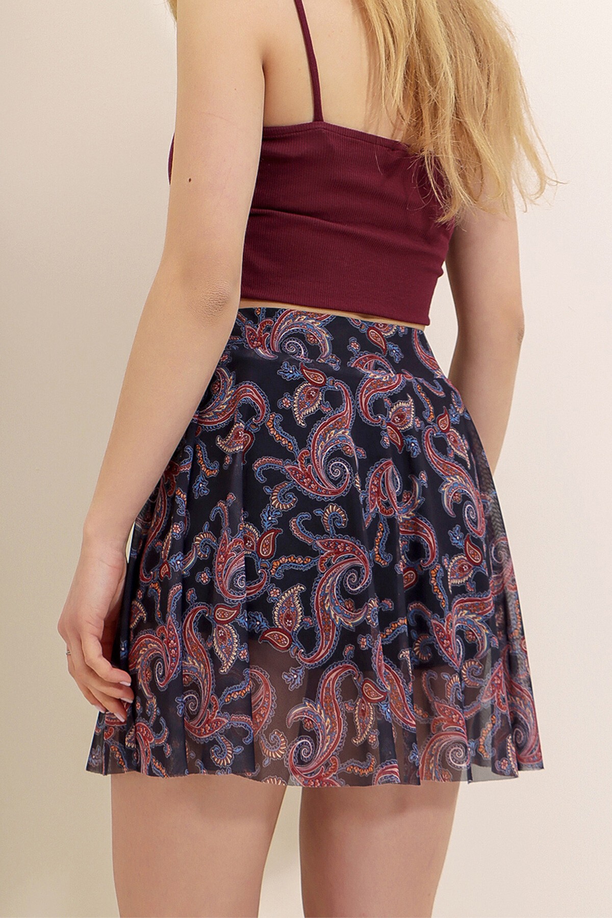 Lacivert Beli Lastikli Desenli İçi Şort Astarlı Tül Etek