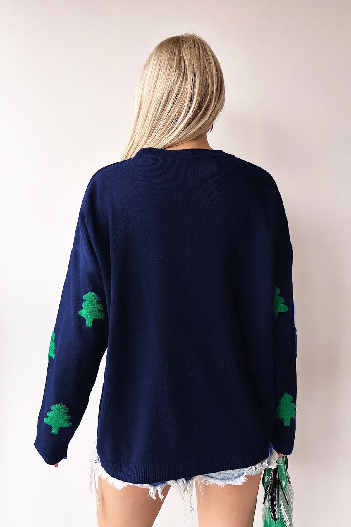 Lacivert Bisiklet Yaka Ağaç Desenli Triko Kazak