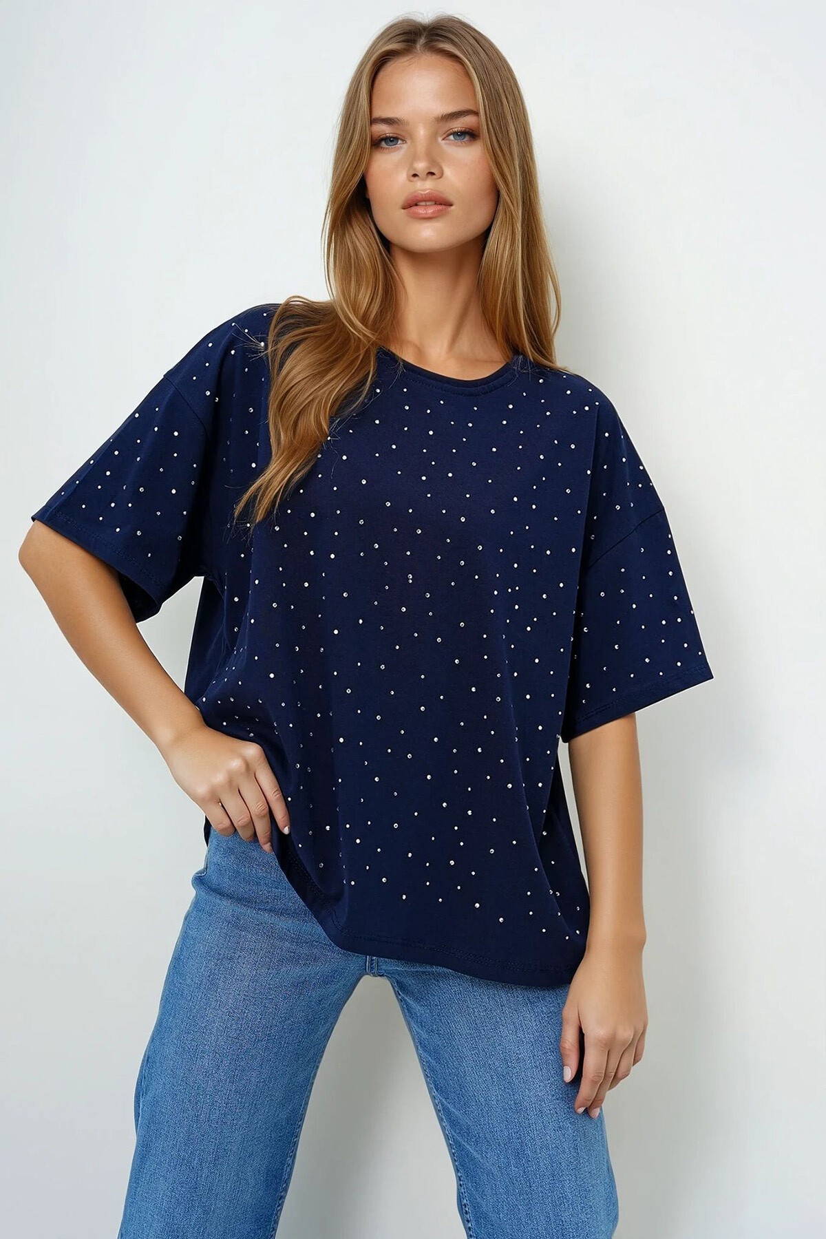 Lacivert Bisiklet Yaka Taş İşlemeli Basic T Shırt