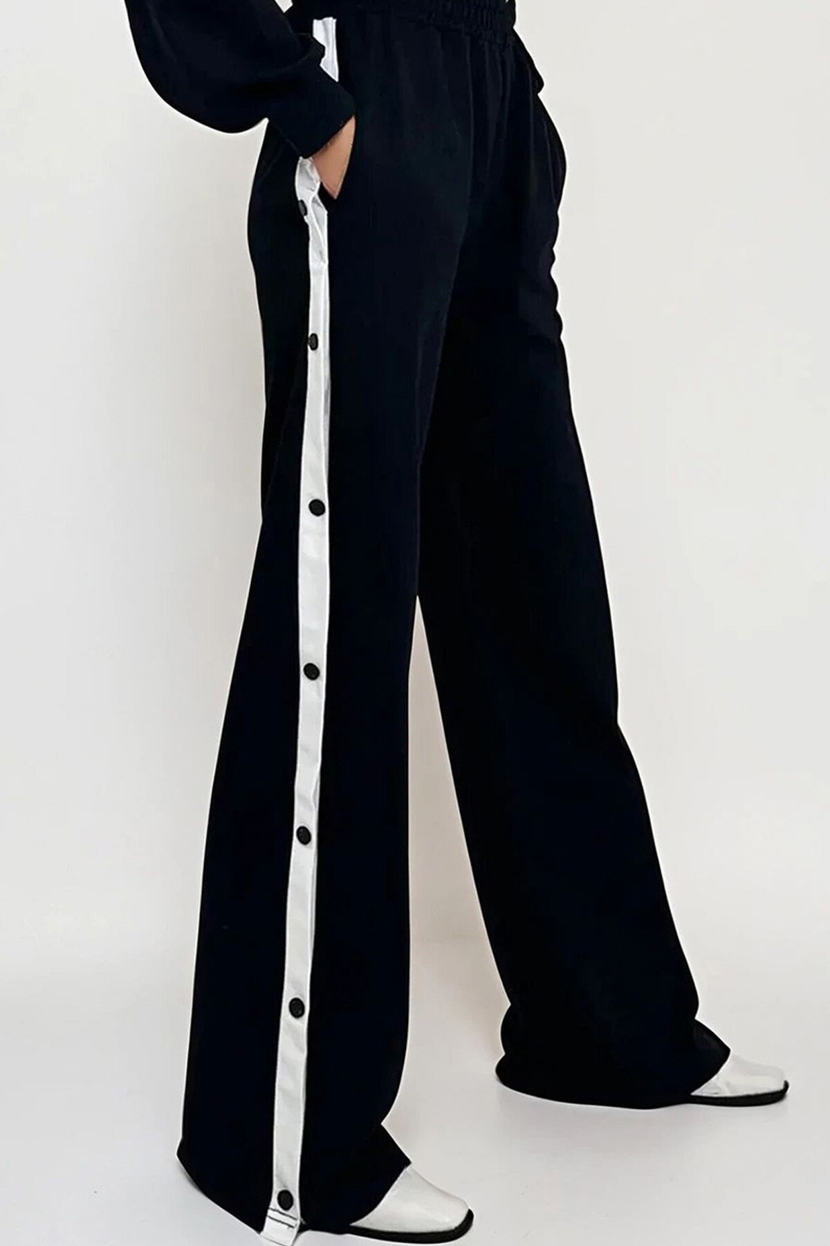 Lacivert Çift Cepli Lastikli Yanları Şeritli Wide Leg Pantolon