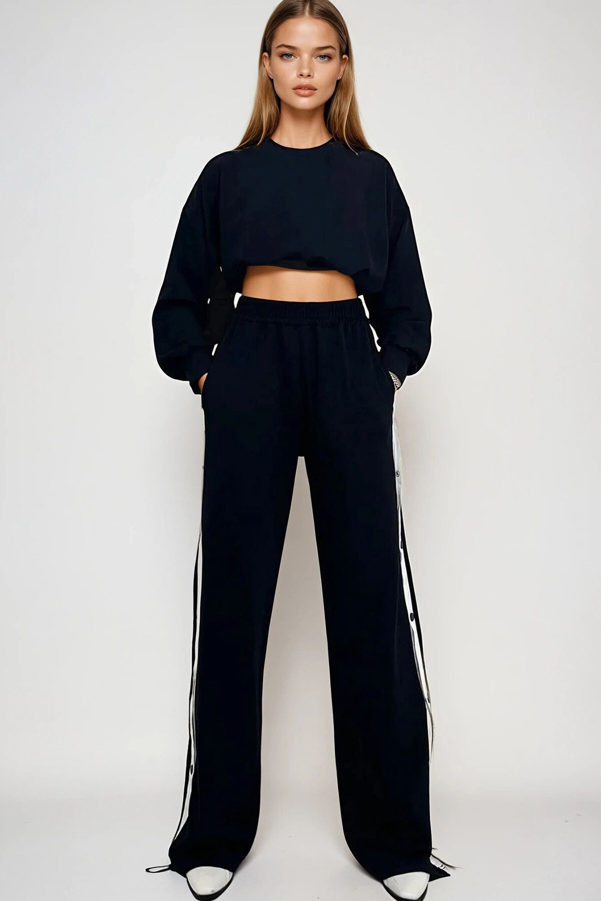 Lacivert Çift Cepli Lastikli Yanları Şeritli Wide Leg Pantolon