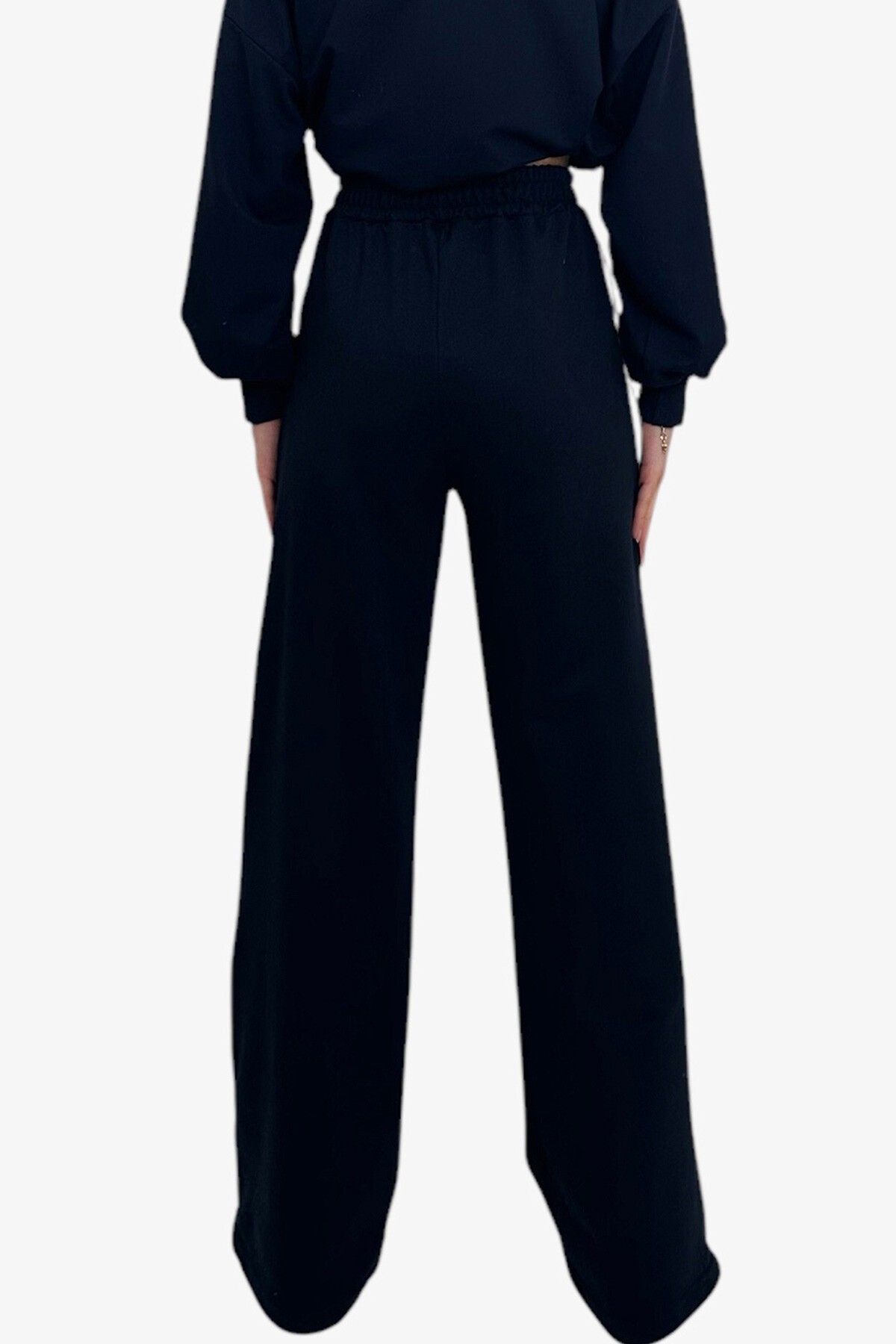 Lacivert Çift Cepli Lastikli Yanları Şeritli Wide Leg Pantolon