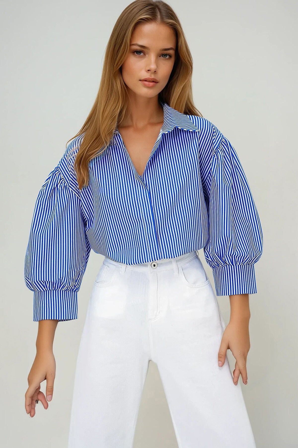 Lacivert Çizgili Balon Kol Gizli Patlı Basic Poplin Gömlek
