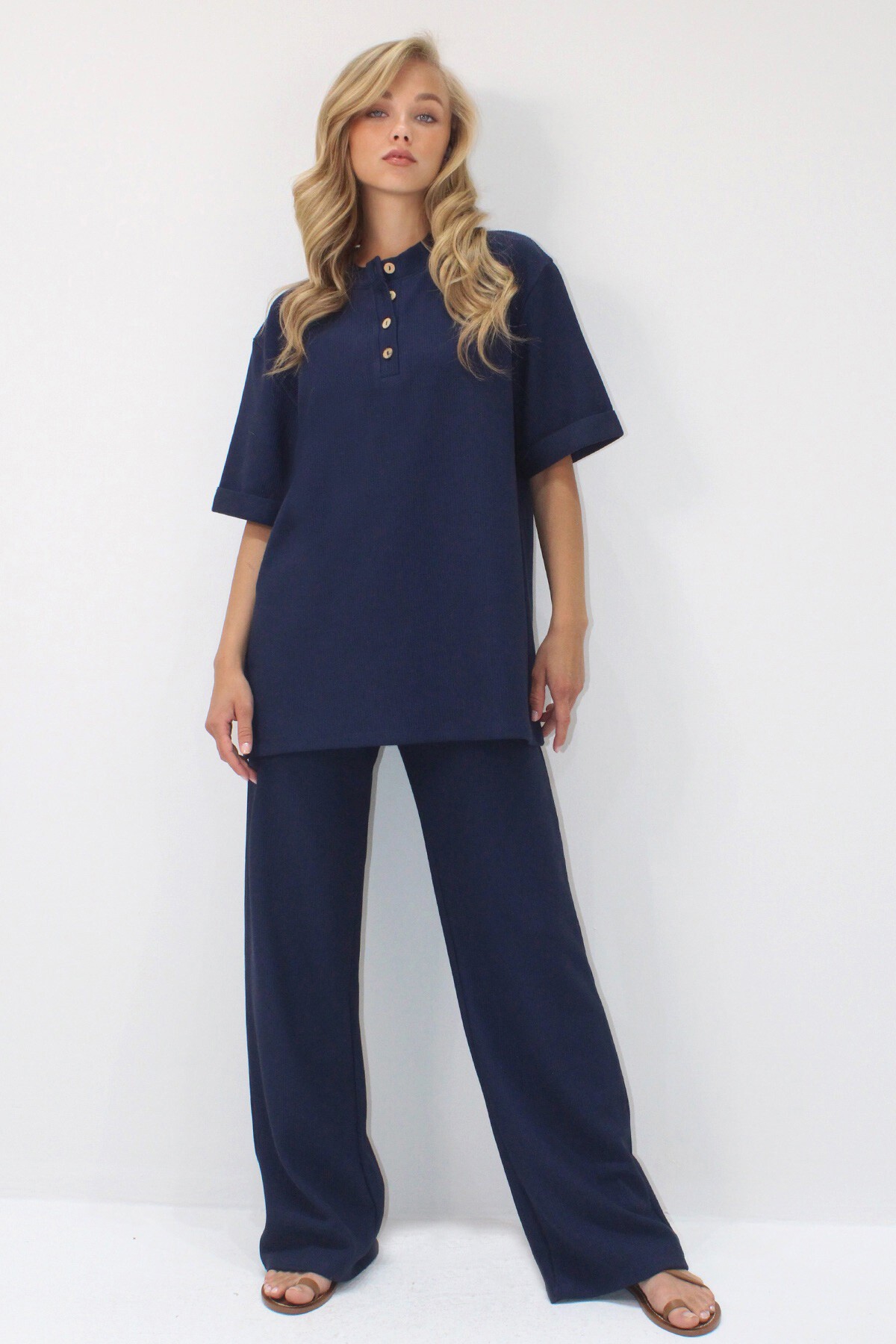 Lacivert Duble Kol Yakası Düğmeli Pantolonlu Alt Üst Takım