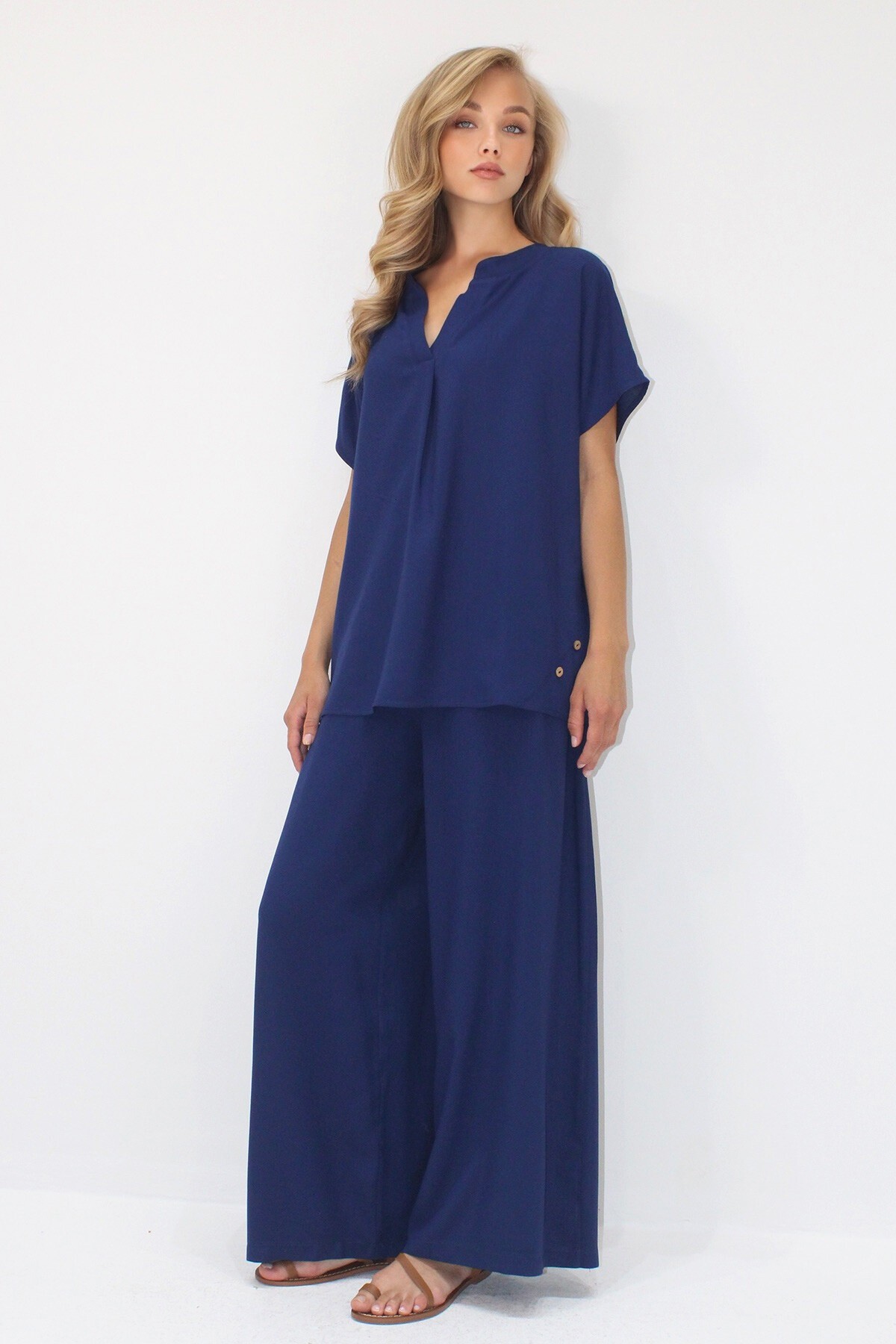 Lacivert Düğme Detaylı Rahat Kesim Viskon Dokuma İkili Takım