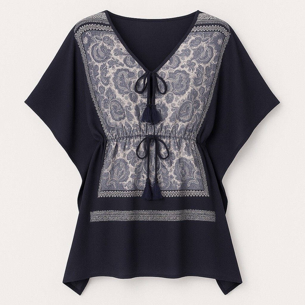 Lacivert Etnik Desenli Oversize Bağlamalı Bluz