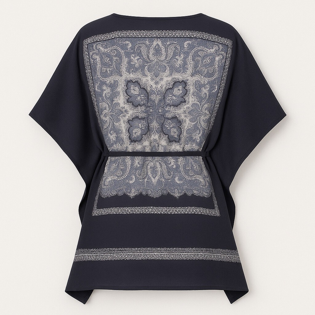 Lacivert Etnik Desenli Oversize Bağlamalı Bluz