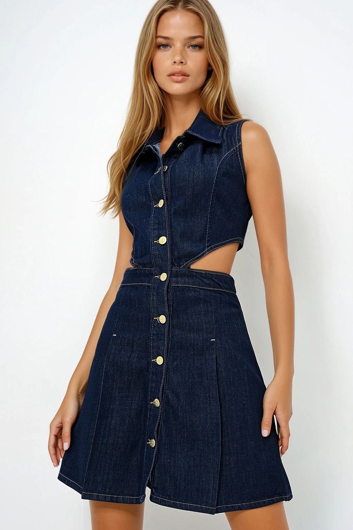 Lacivert Gömlek Yaka Sıfır Kol Cut Out Jean Elbise