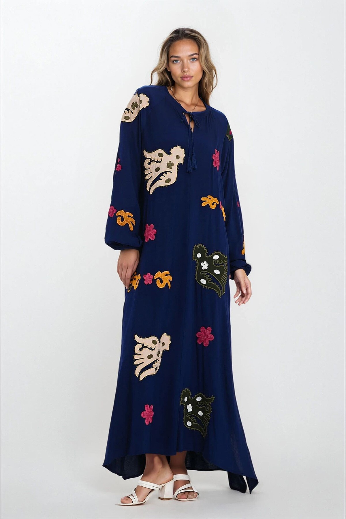 Lacivert Hakim Yaka Bağcıklı Kolları Lastikli Desenli Büyük Beden Elbise