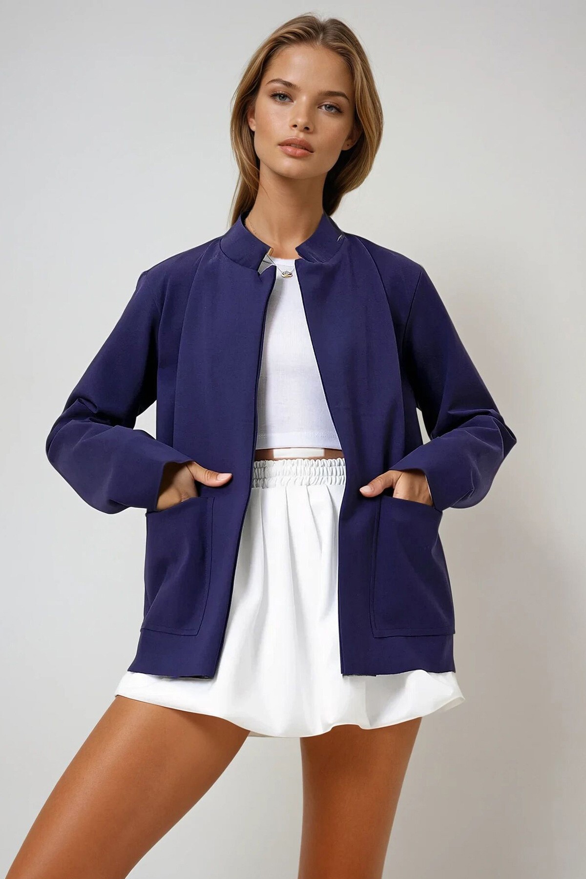 Lacivert Hakim Yaka Çift Cepli Dalgıç Kumaş Mevsimlik Ceket