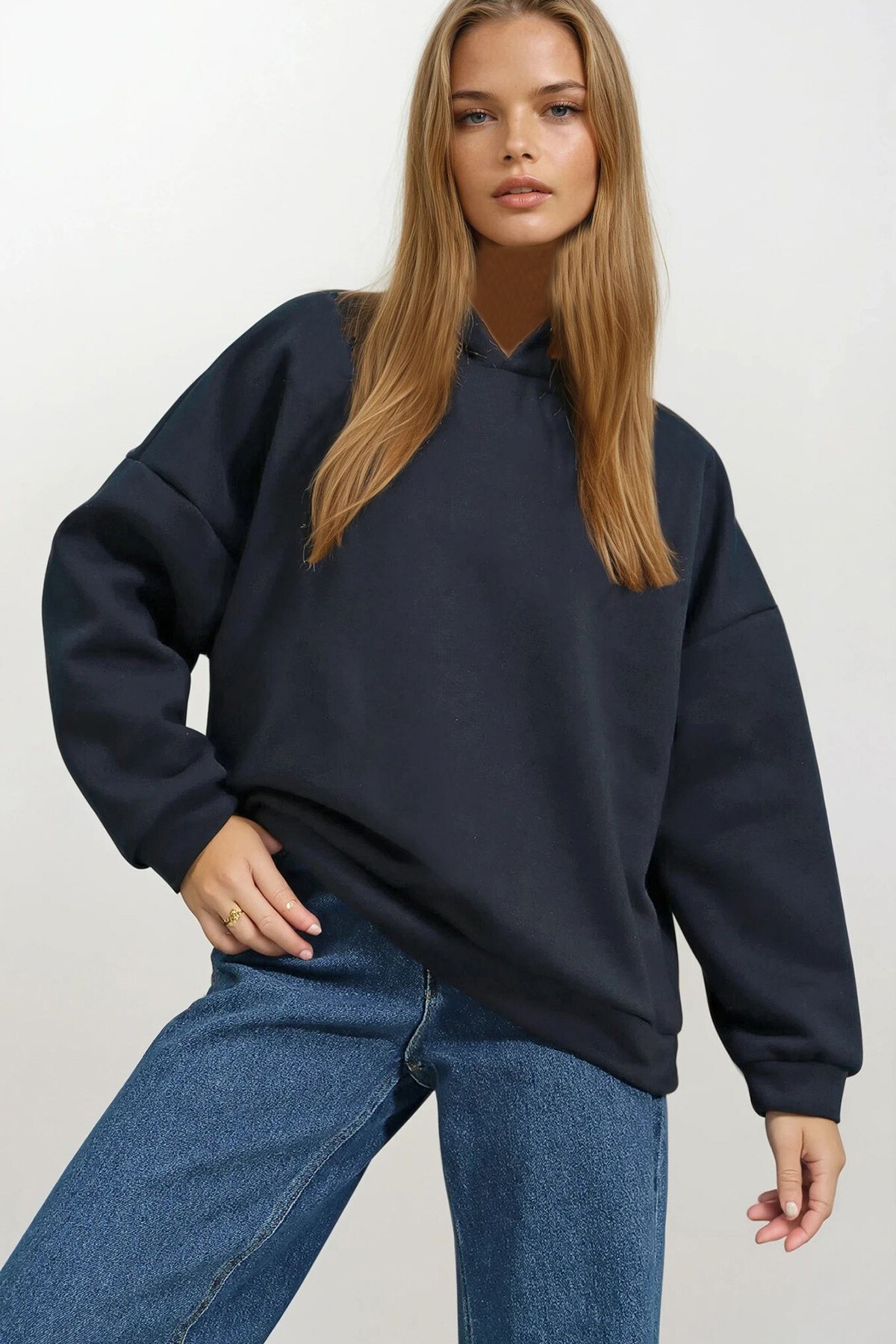 Lacivert Kapüşonlu Oversize Kalın Basen Boy 3 İplik Şardonlu Sweatshirt