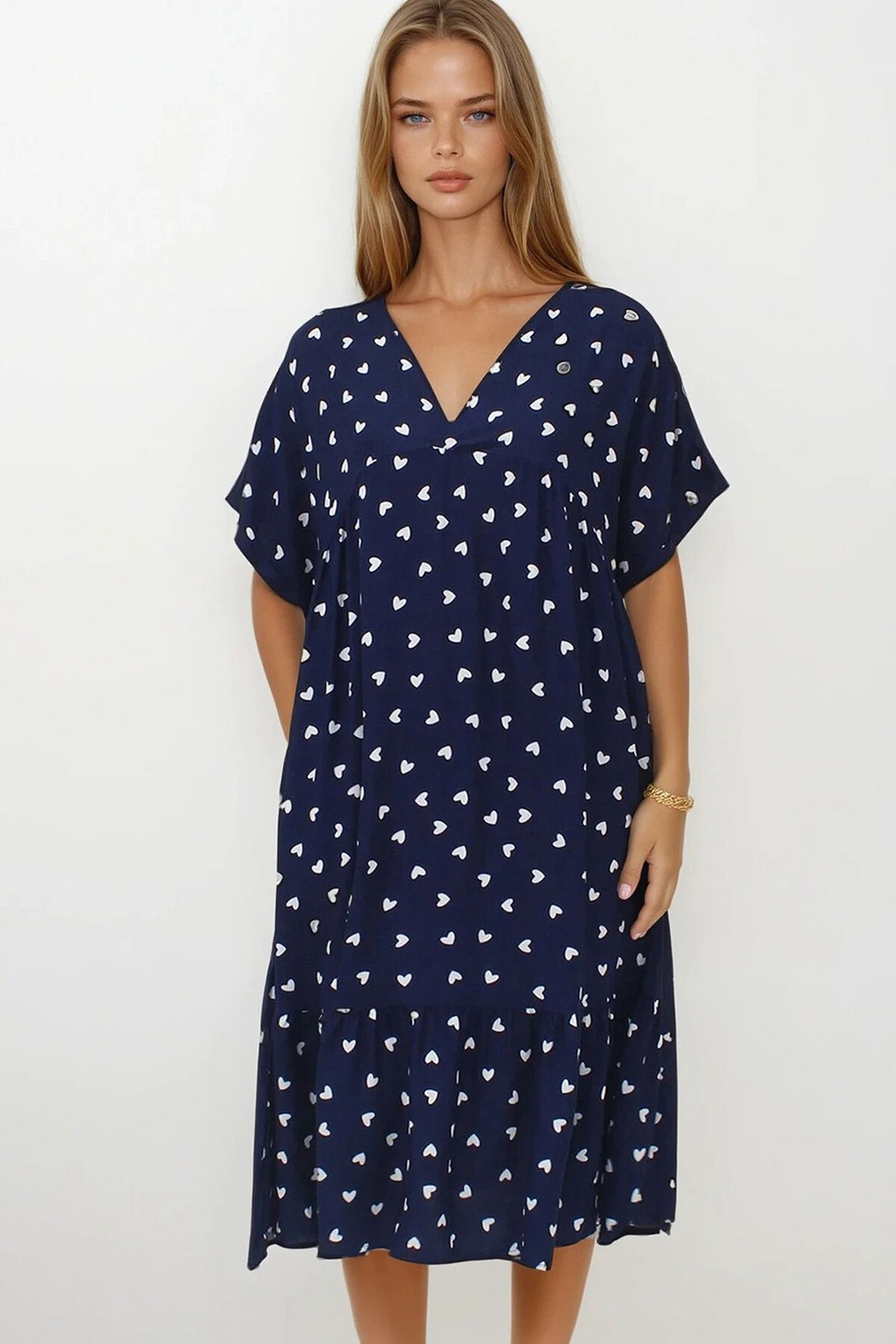 Lacivert Kruvaze Yaka Eteği Pileli Midi Boy Çift Cepli Elbise Elbise