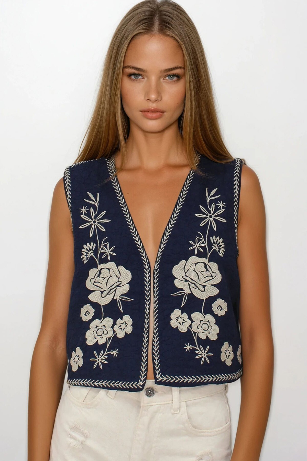 Lacivert Nakış Detaylı Astarlı Dokulu Crop Yelek