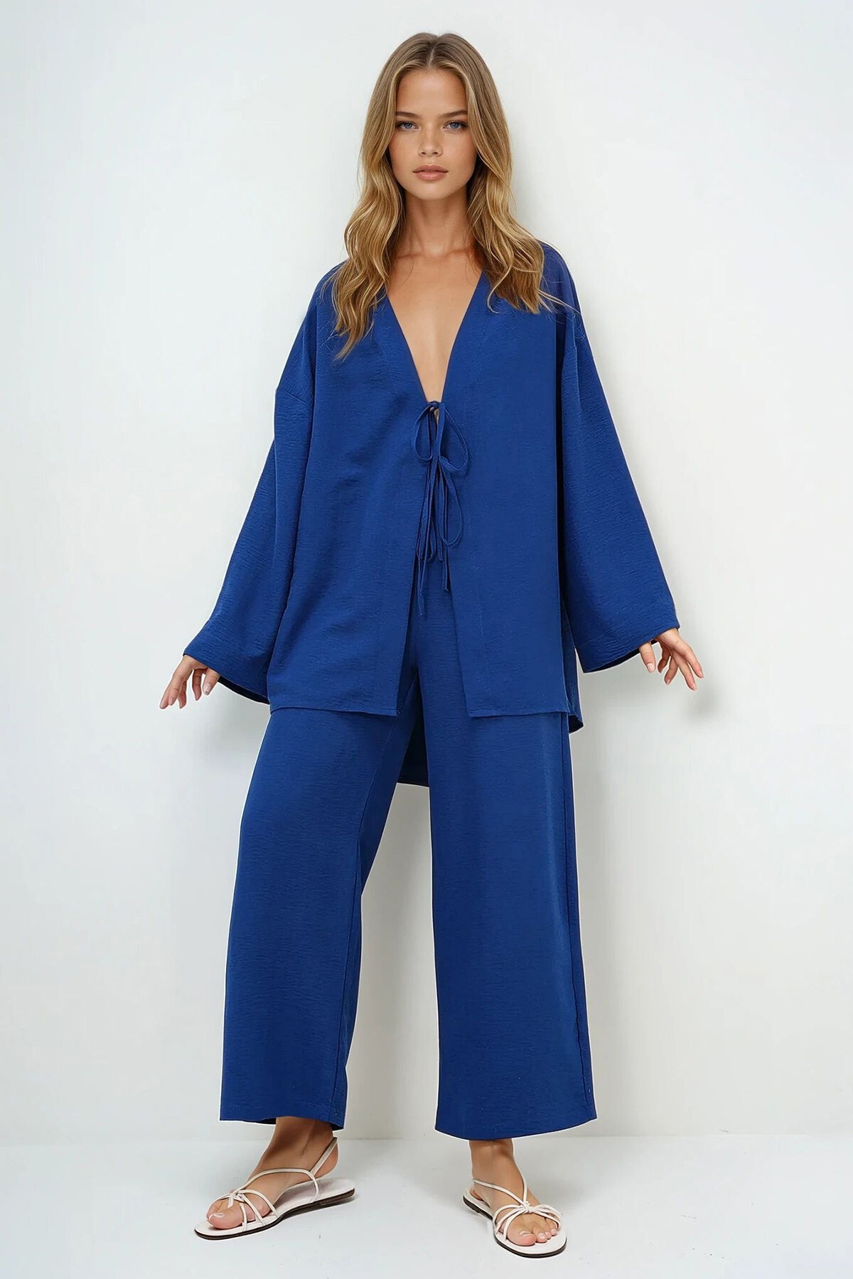 Lacivert Önü Bağcıklı Kimono Ceket Ve Palazzo Pantolon Takım