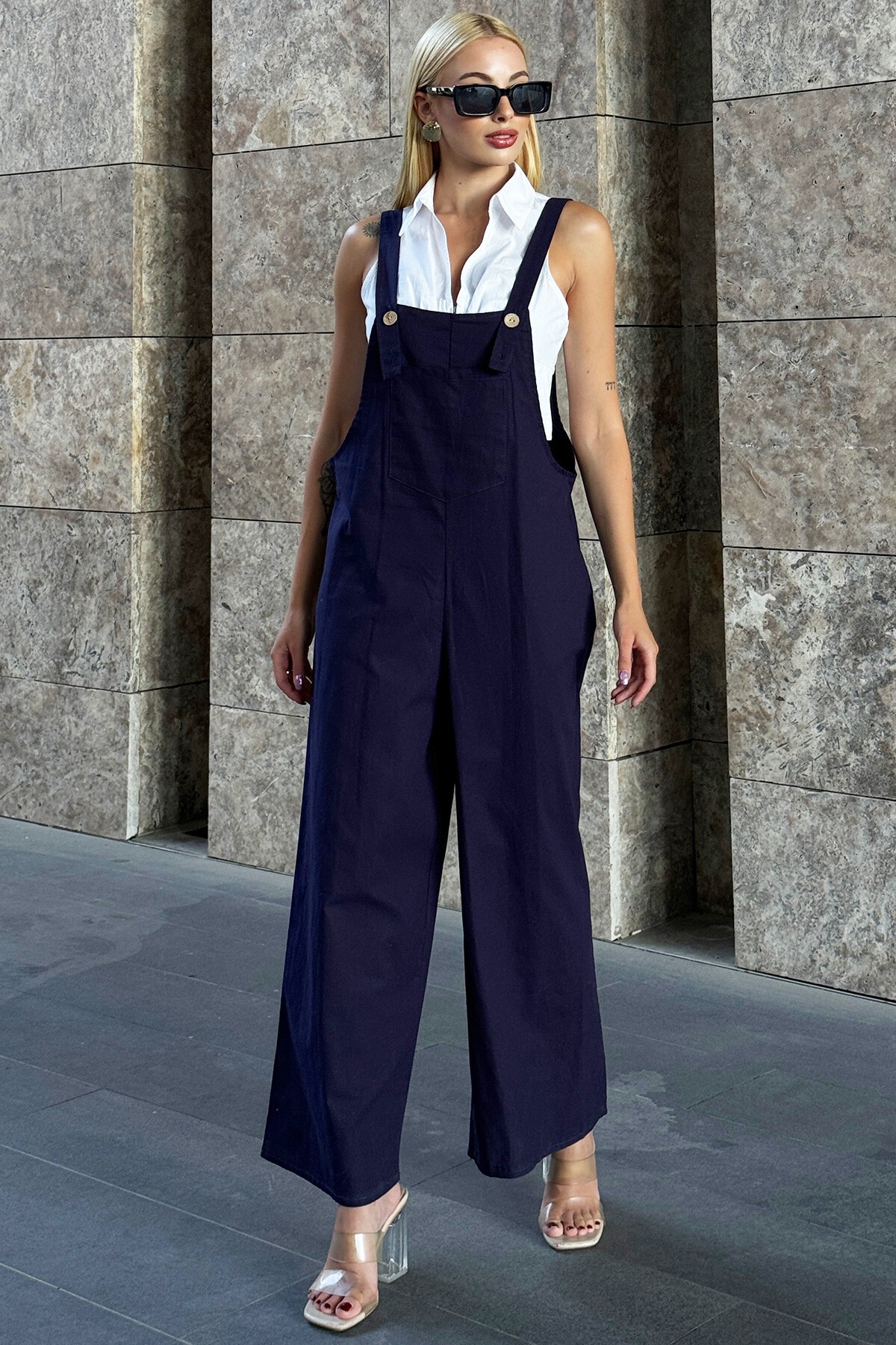 Lacivert Önü Cepli Askılı Gabardin Bahçıvan Tulum